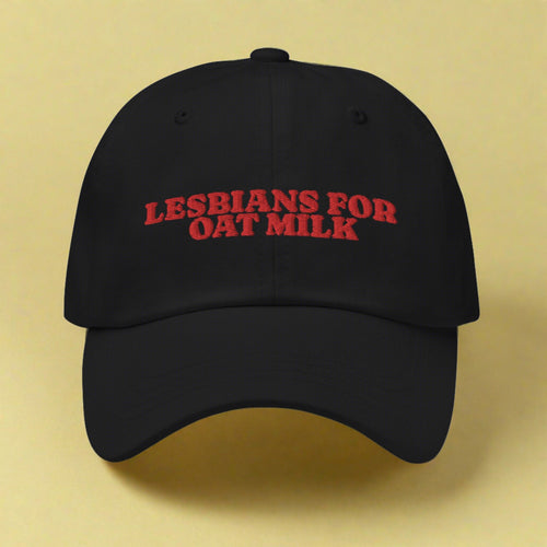 Lesbians For Oatmilk dad hat, back view — Rose Gold Co