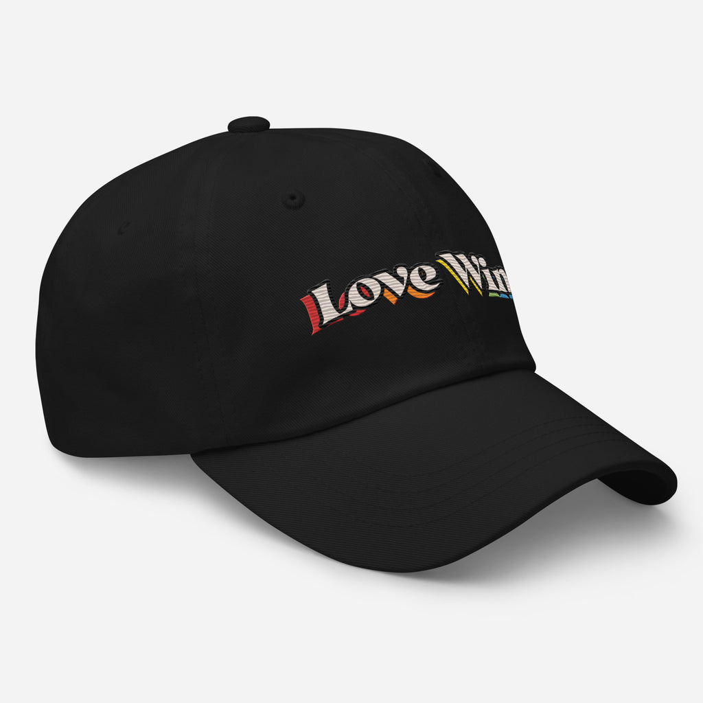 Love Wins embroidered dad hat, detail view — Rose Gold Co