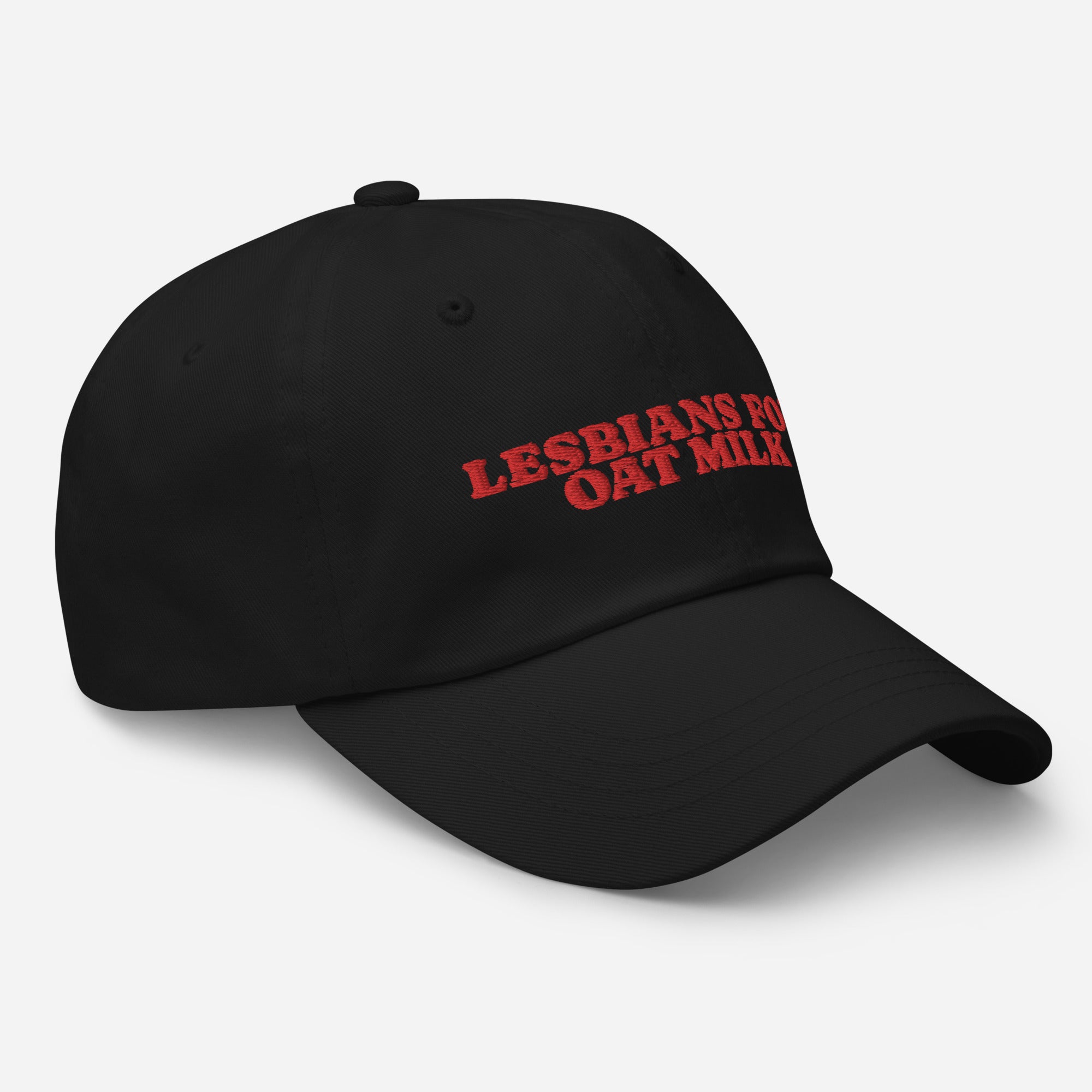 Lesbians For Oatmilk dad hat, detail view — Rose Gold Co