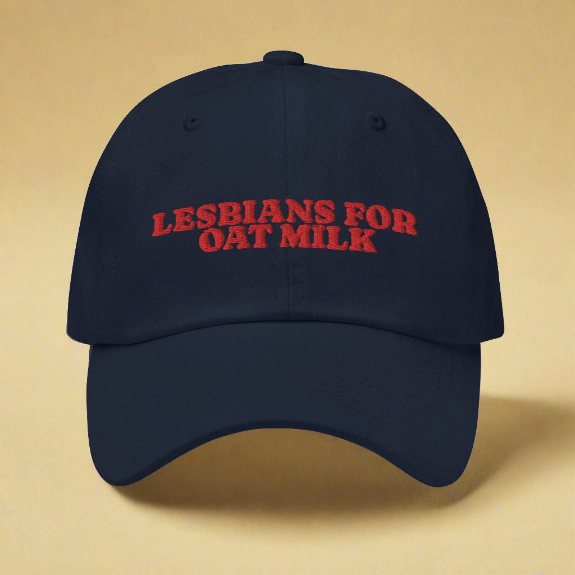 Lesbians For Oatmilk dad hat, side view — Rose Gold Co
