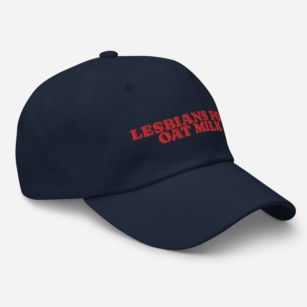 Lesbians For Oatmilk dad hat, flat lay — Rose Gold Co
