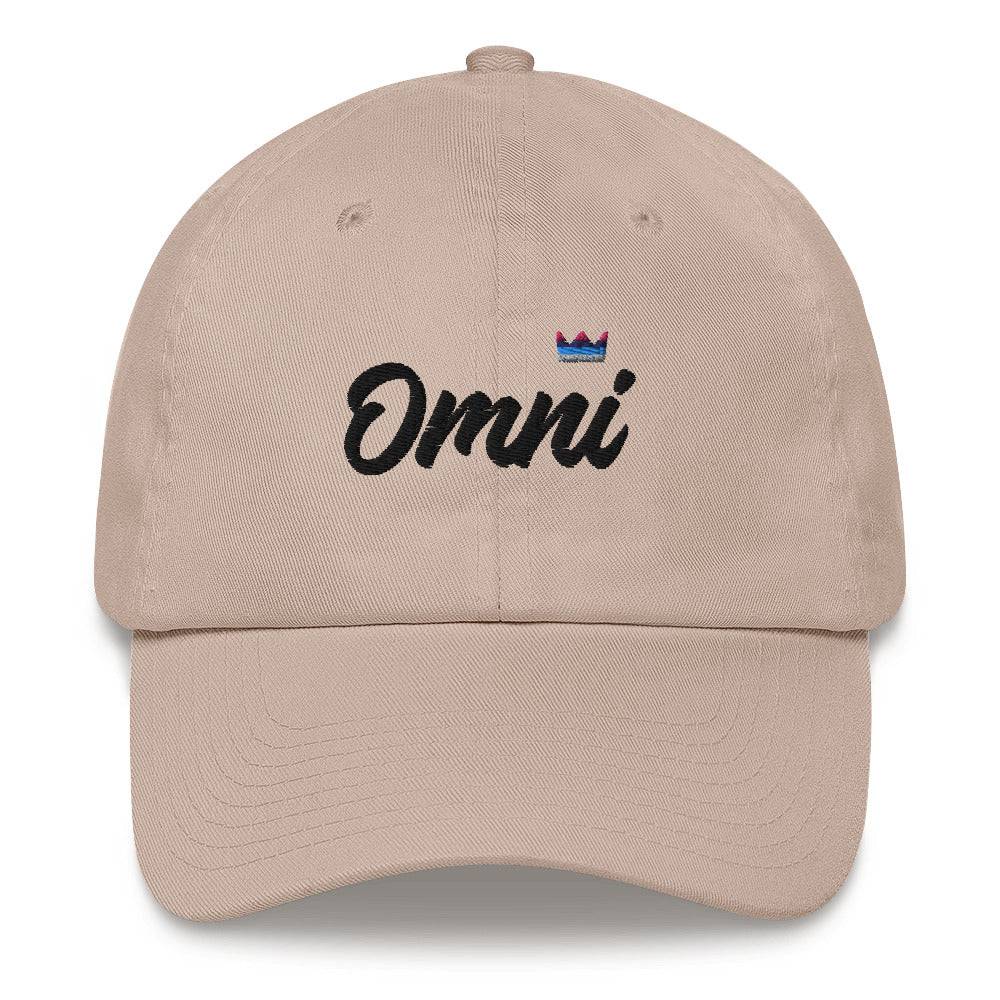Omnisexual pride crown dad hat, front view — Rose Gold Co