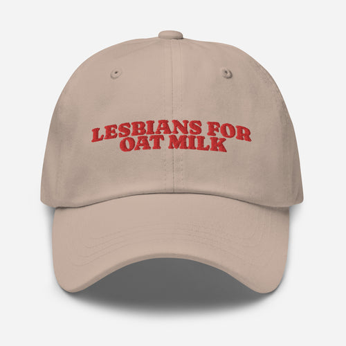 Lesbians For Oatmilk dad hat, front view — Rose Gold Co