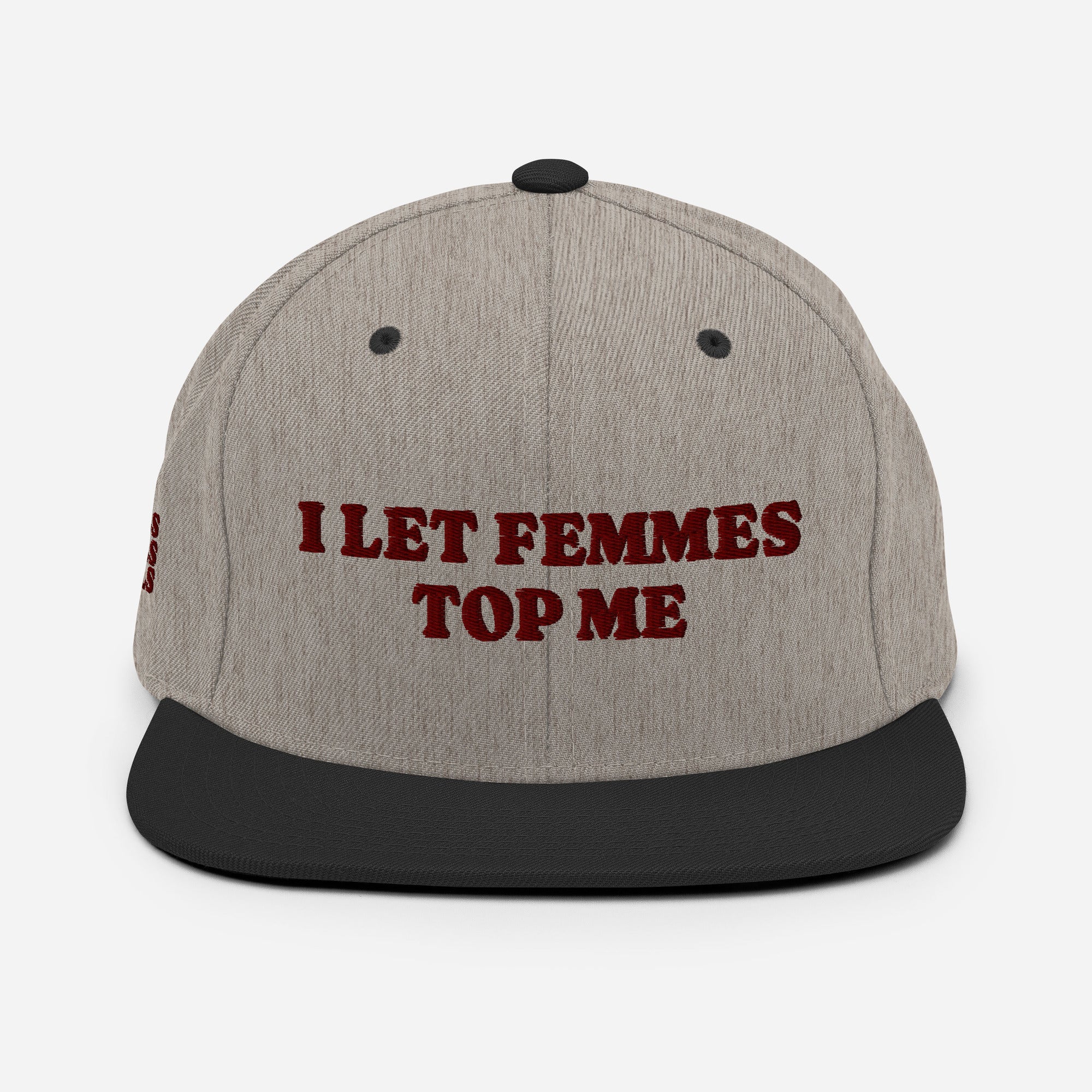 I Let Femmes Top Me snapback hat, detail view — Rose Gold Co
