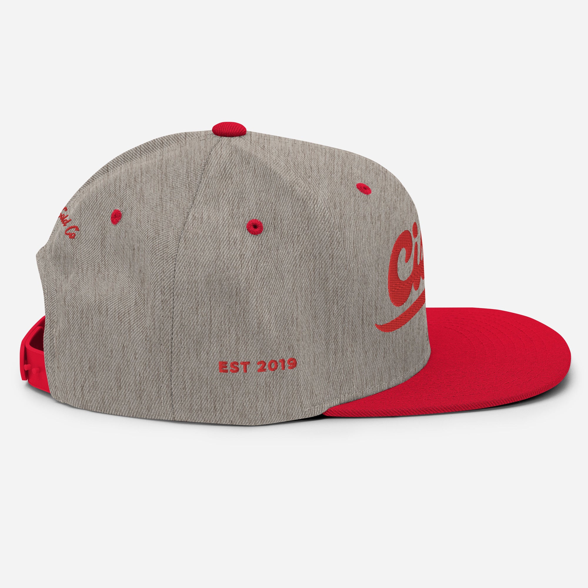 Cisn't Racin' Red Edition snapback hat, detail view — Rose Gold Co