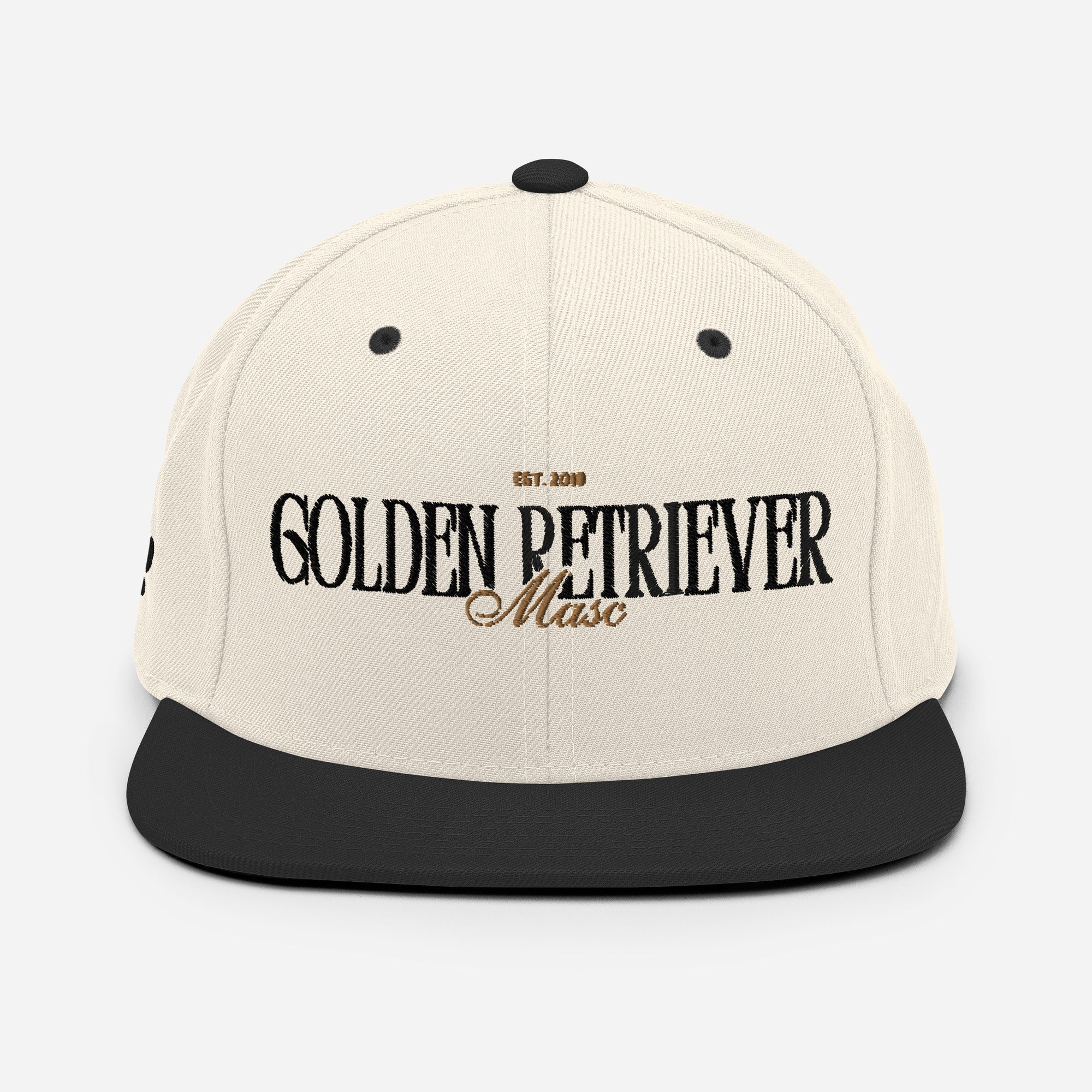 Golden Retriever Masc snapback hat, detail view — Rose Gold Co