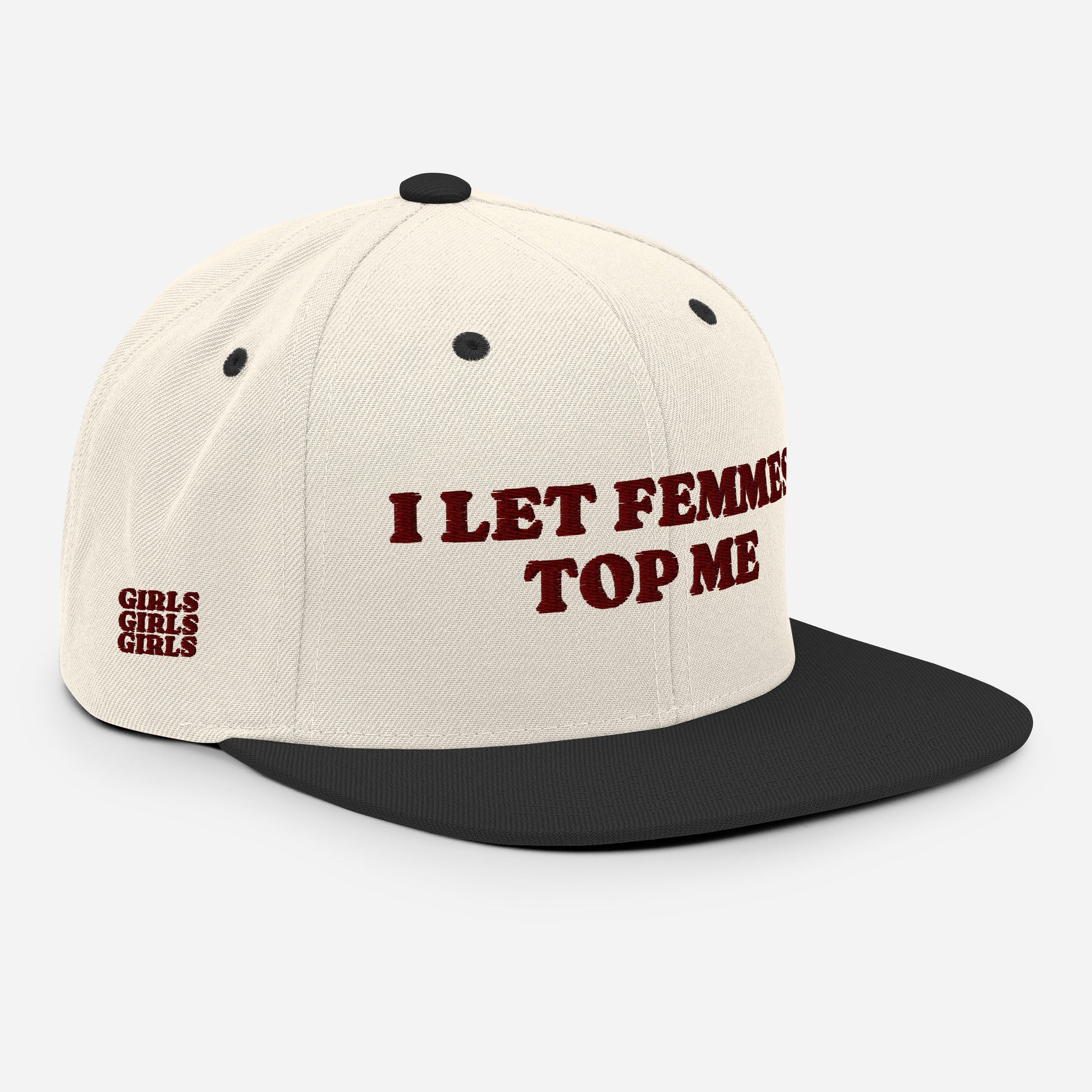 I Let Femmes Top Me snapback hat, front view — Rose Gold Co