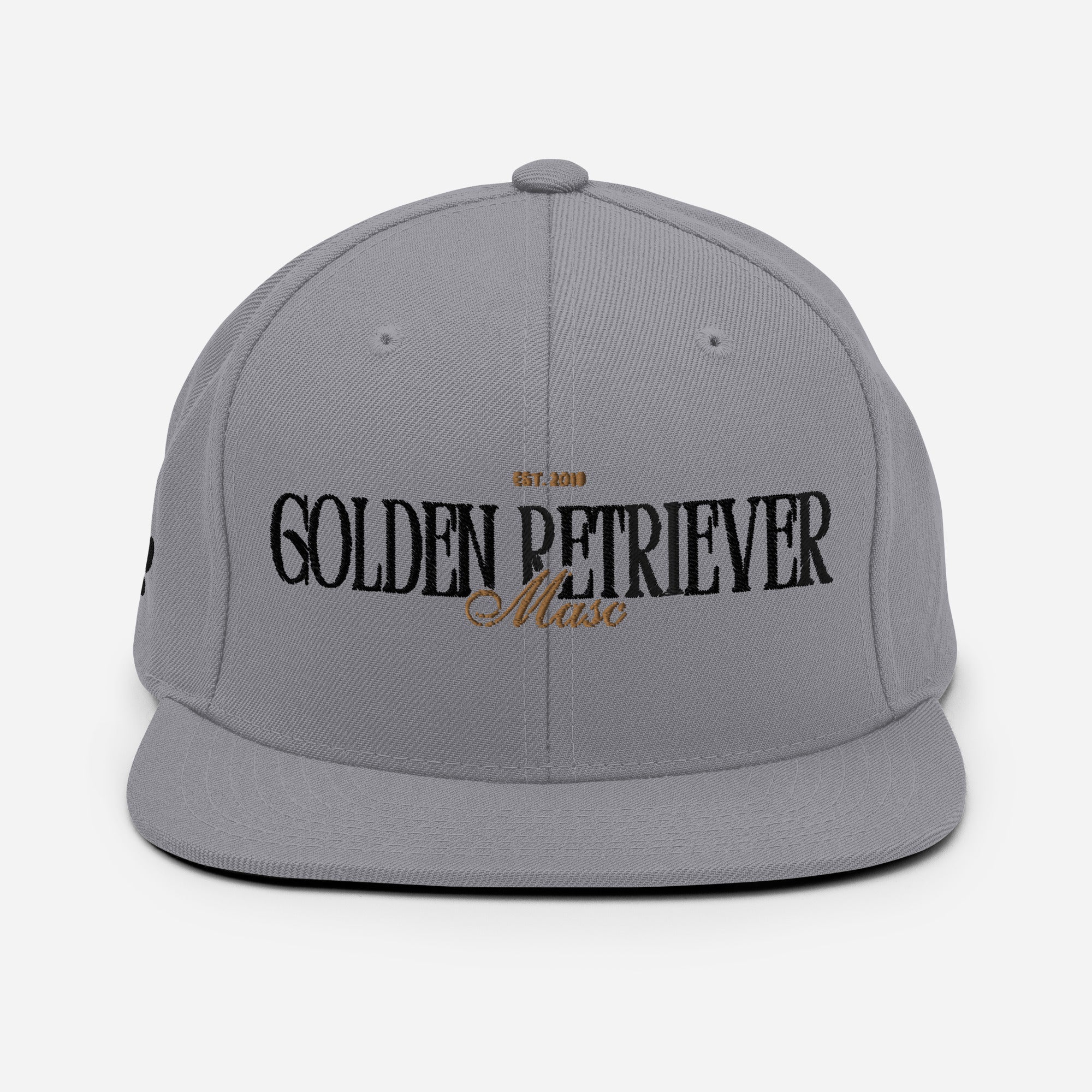 Golden Retriever Masc snapback hat, flat lay — Rose Gold Co