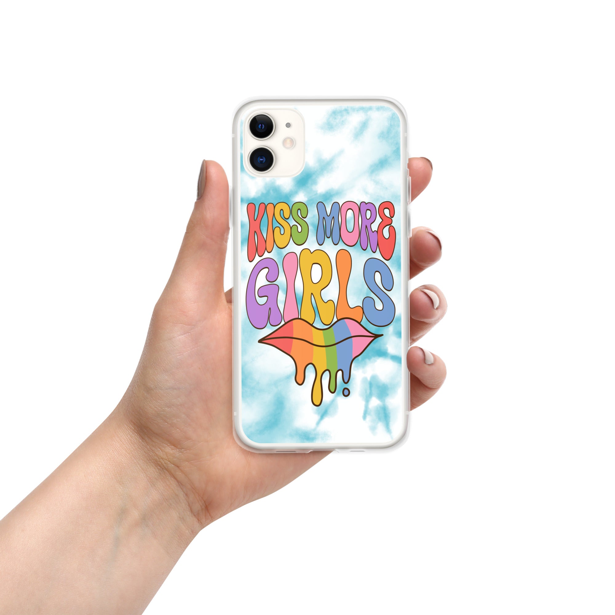 Kiss More Girls iPhone case, flat lay — Rose Gold Co