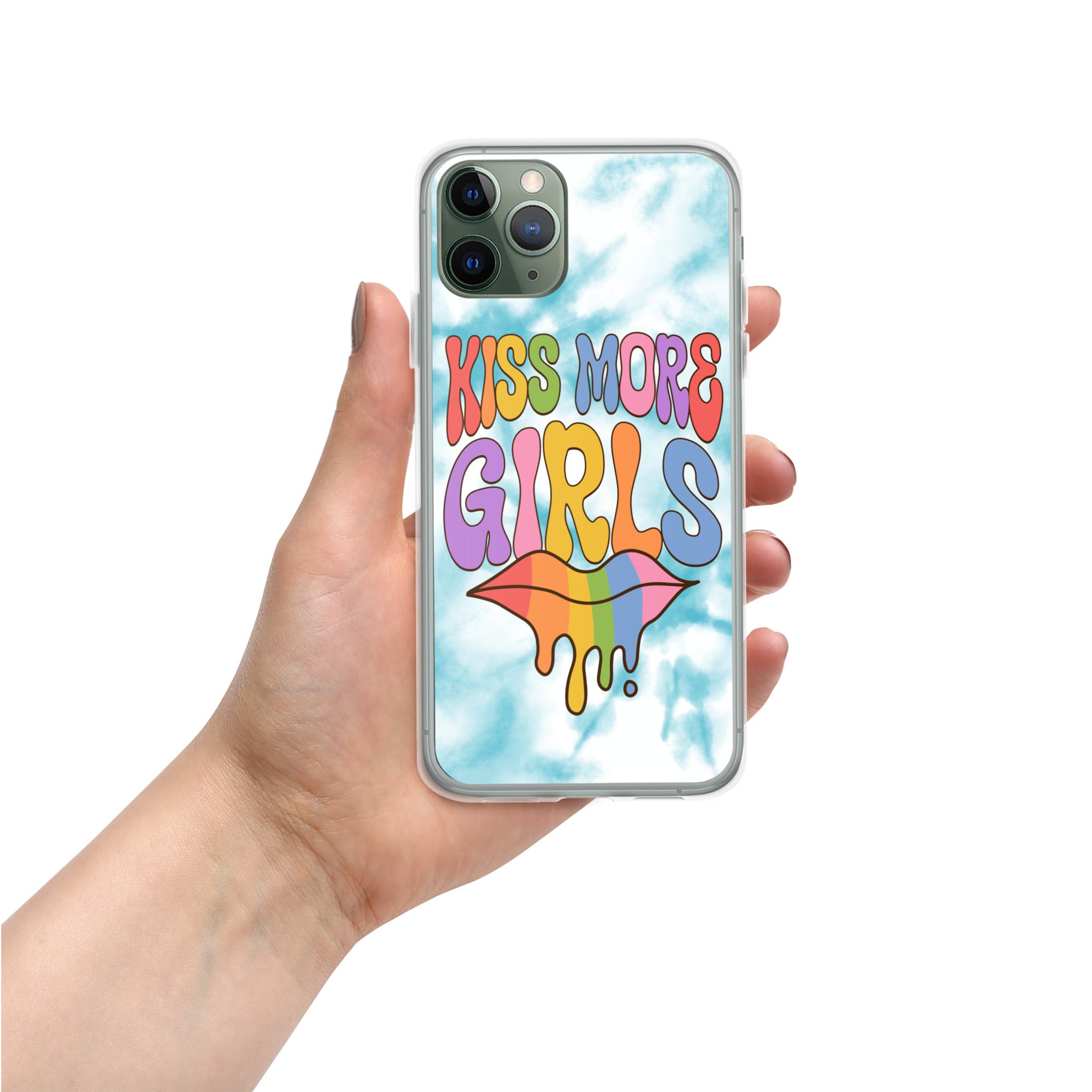 Kiss More Girls iPhone case, detail view — Rose Gold Co