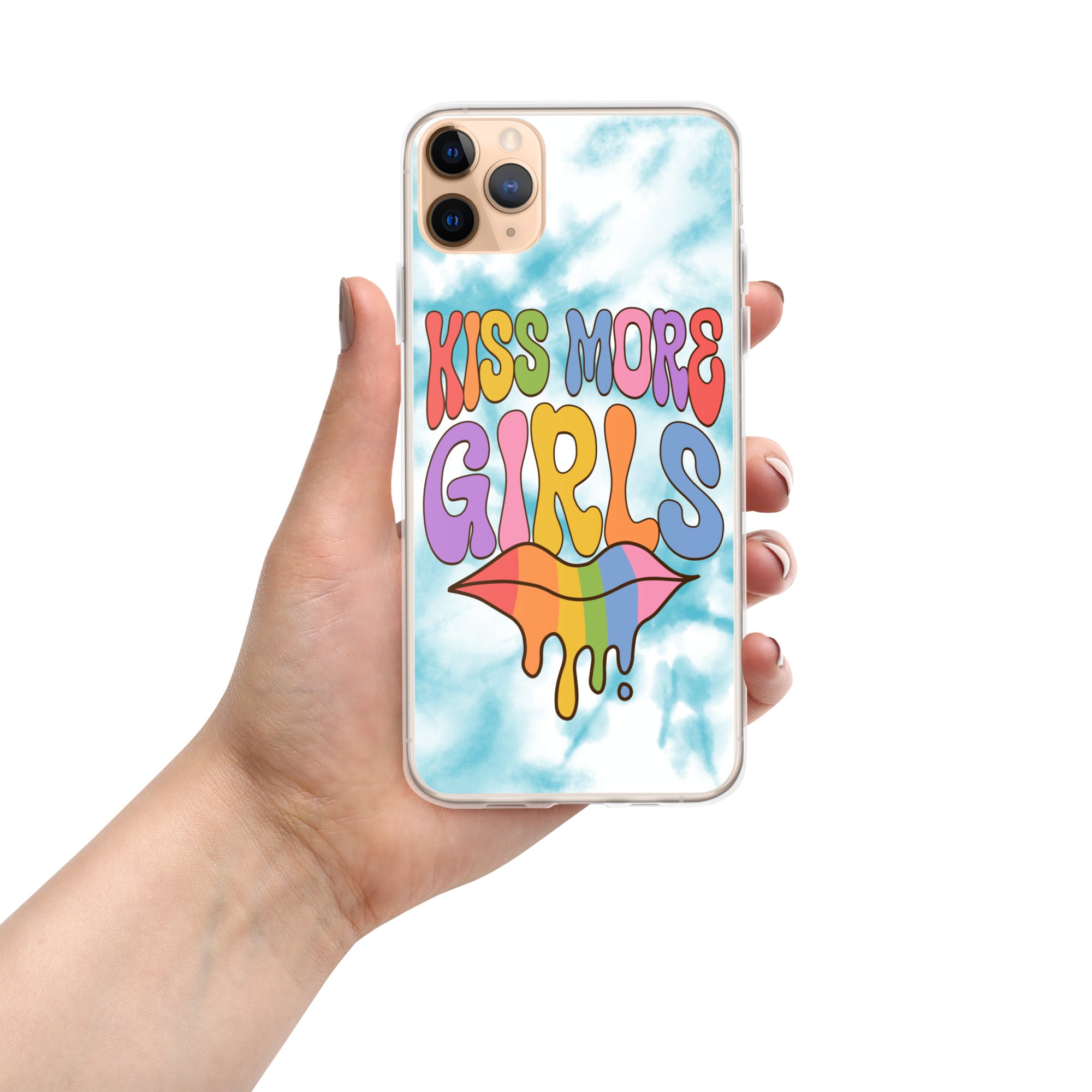 Kiss More Girls iPhone case, back view — Rose Gold Co