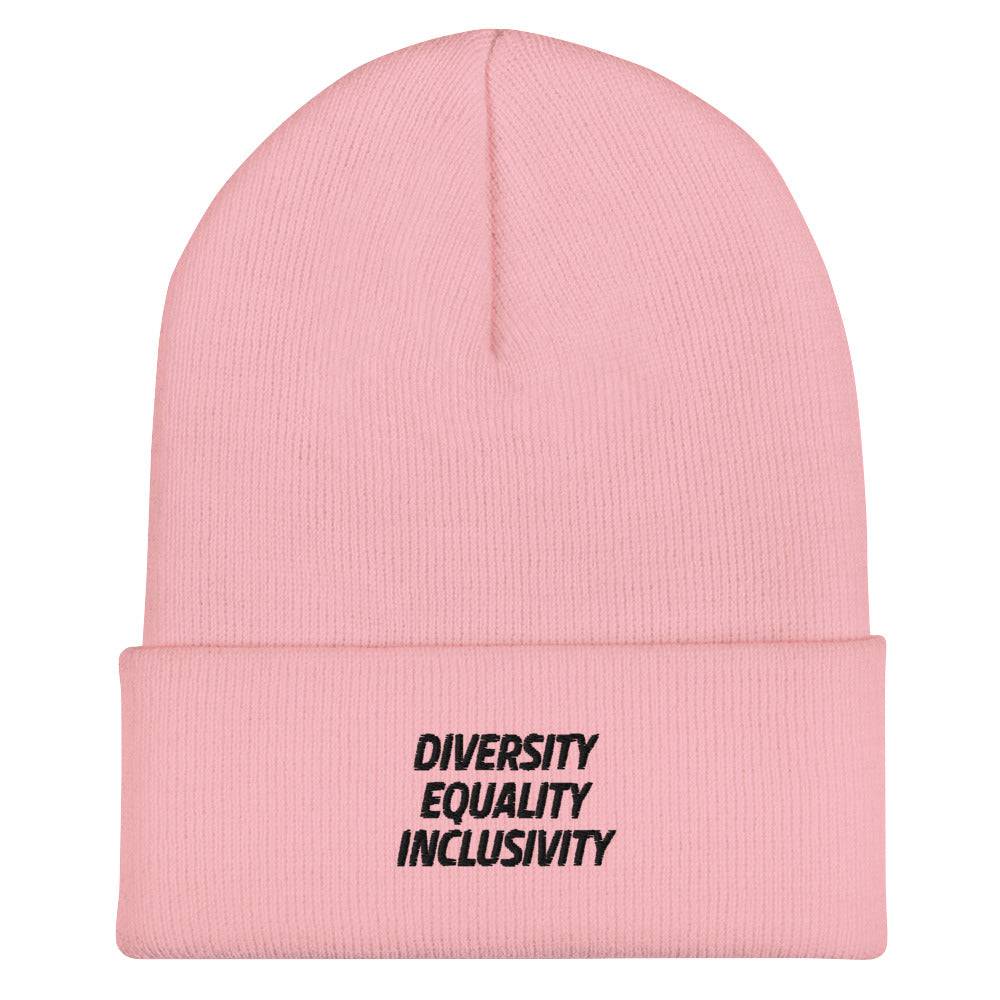 Equality Diversity & Inclusivity cuffed beanie, view 4 — Rose Gold Co