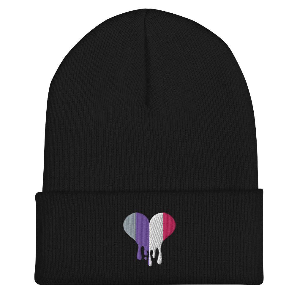 Cupioromantic dripping heart cuffed beanie, front view — Rose Gold Co