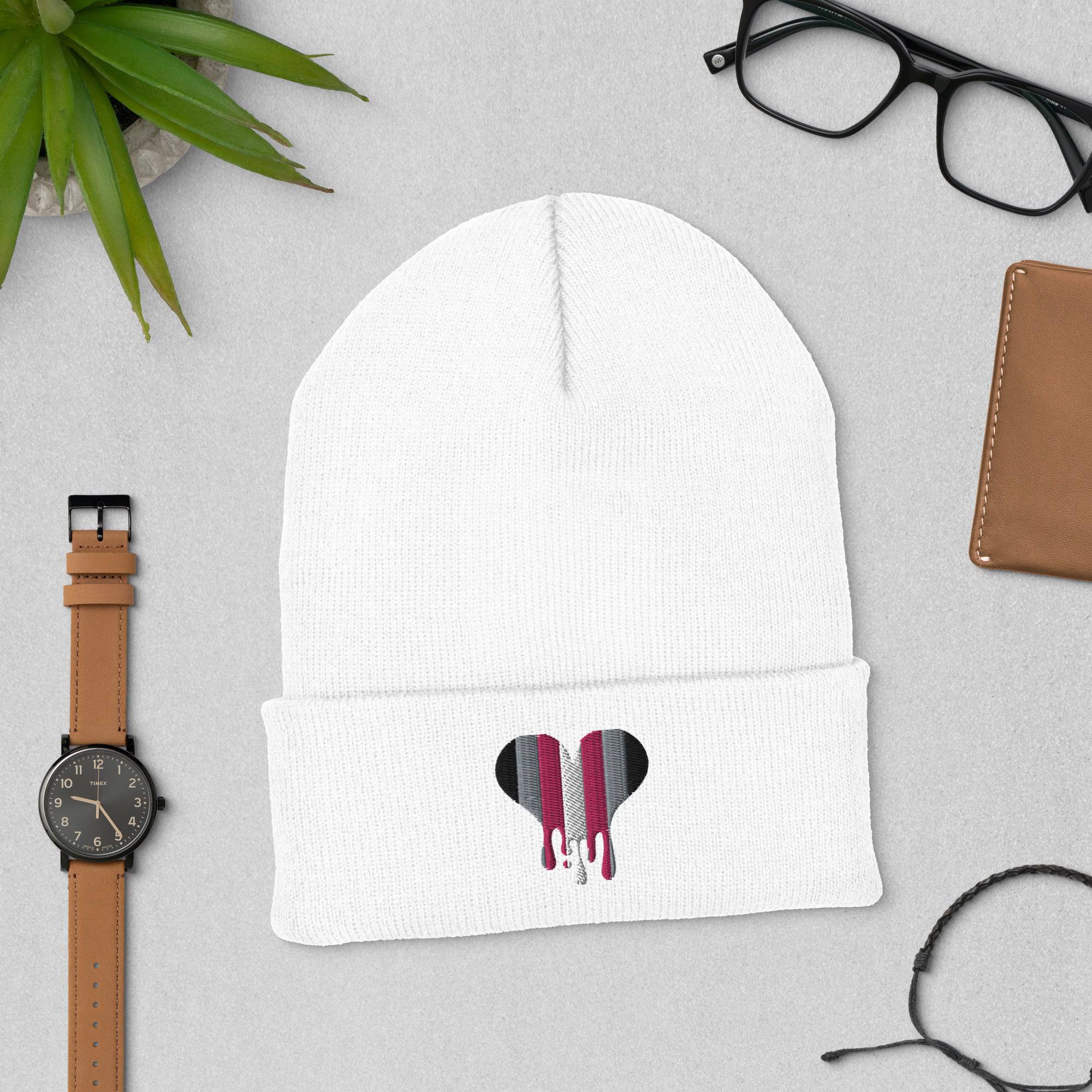 Demi girl melting heart cuffed beanie, front view — Rose Gold Co