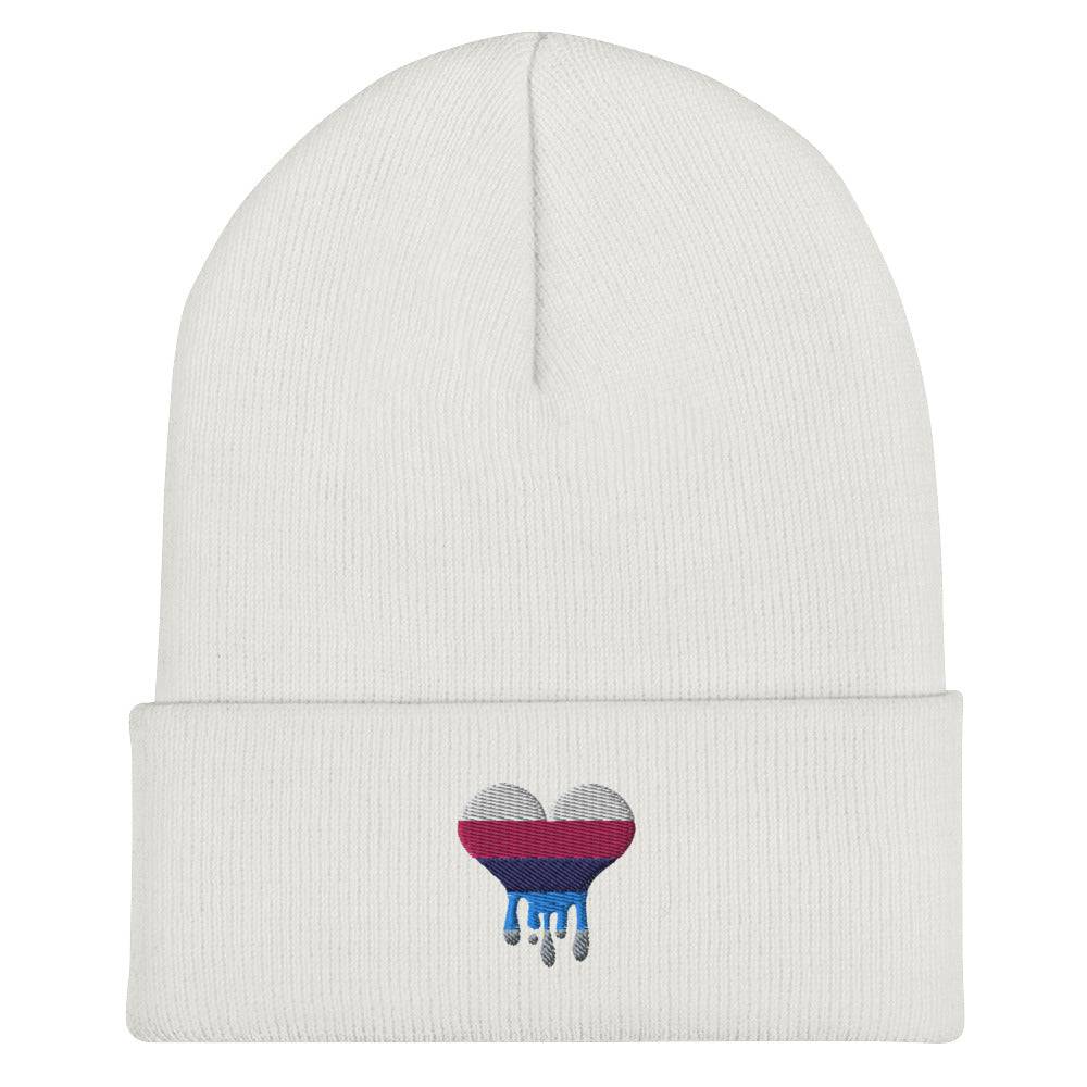 Omnisexual melting heart cuffed beanie, front view — Rose Gold Co
