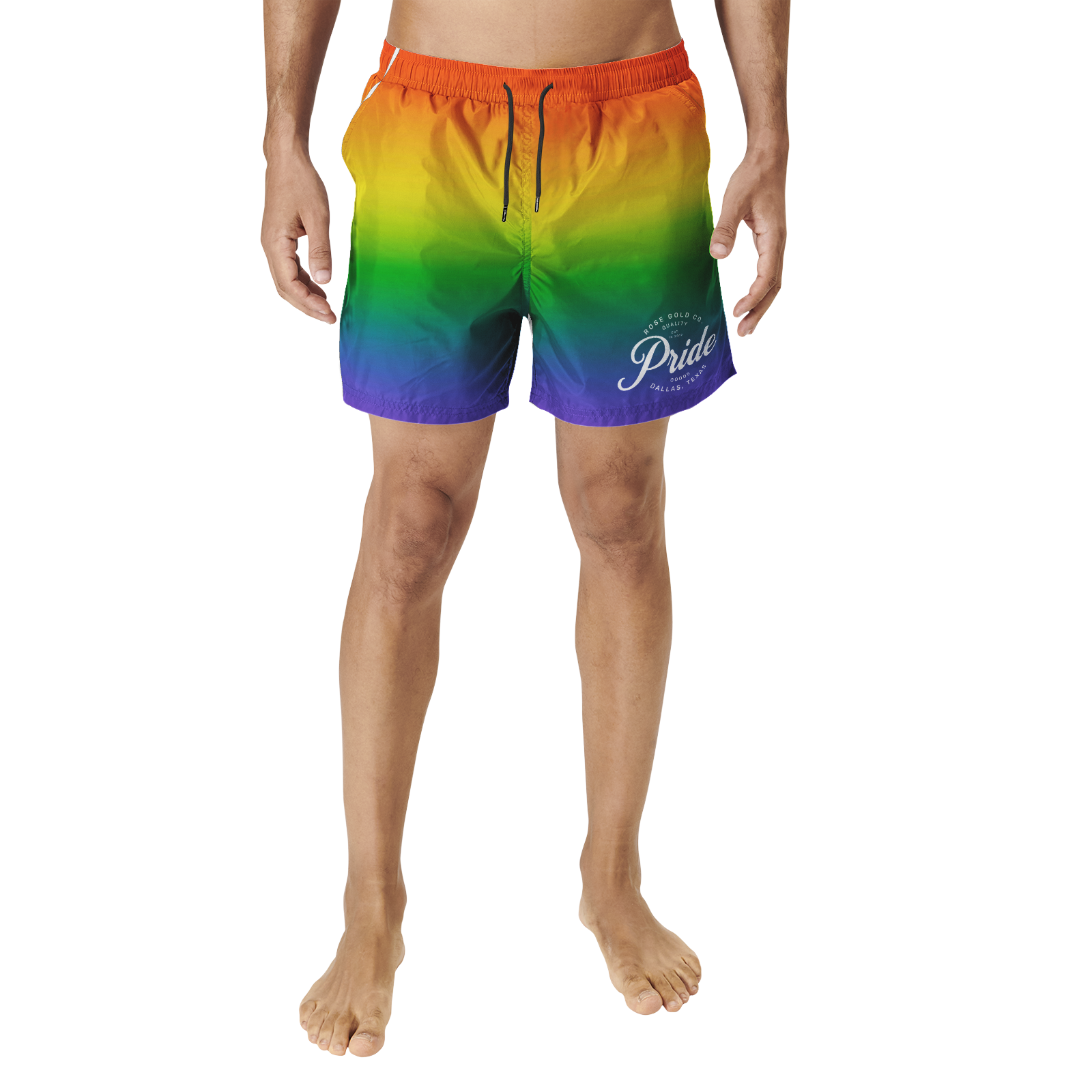 Rainbow pride men's swim shorts, front view — Rose Gold Co