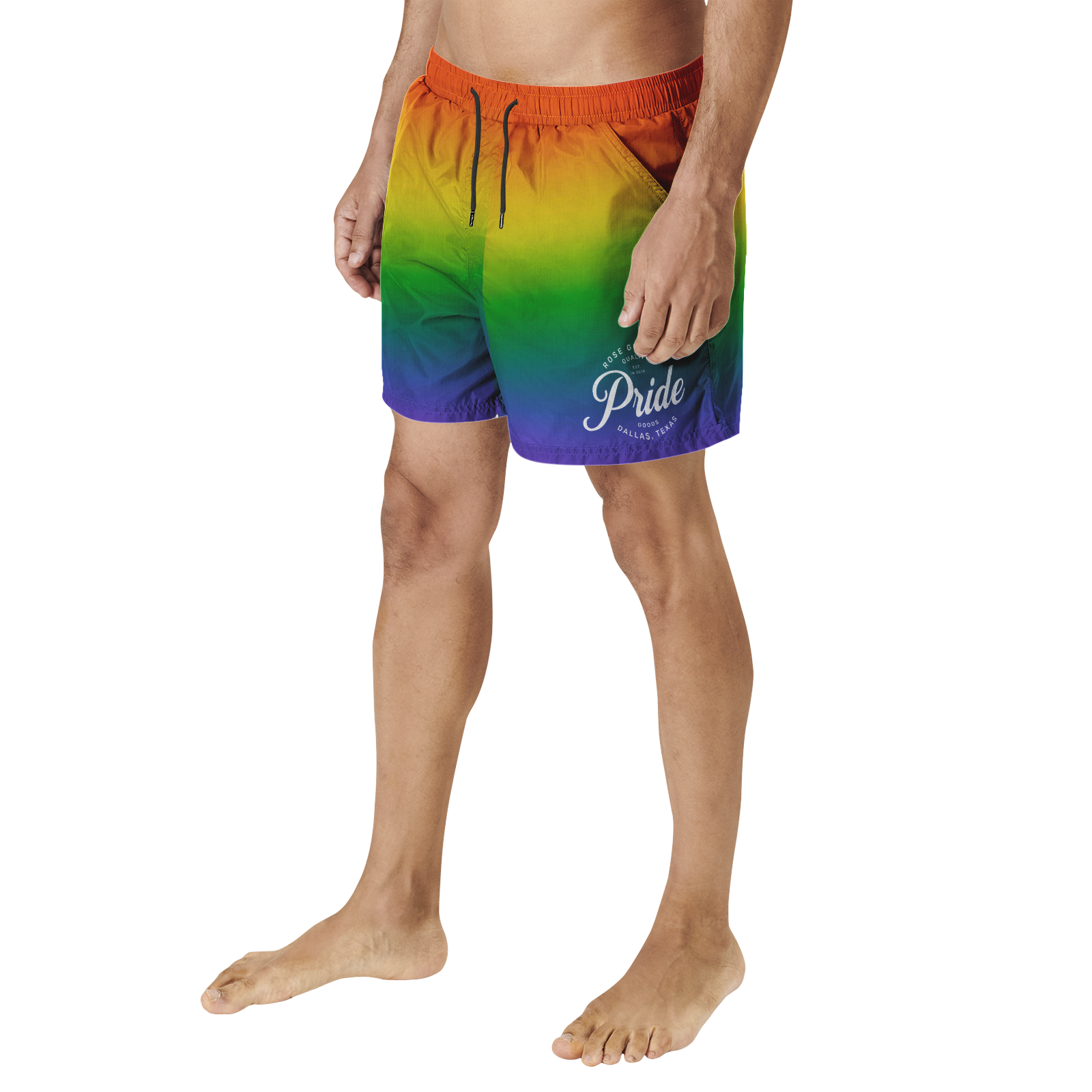 Rainbow pride men's swim shorts, back view — Rose Gold Co