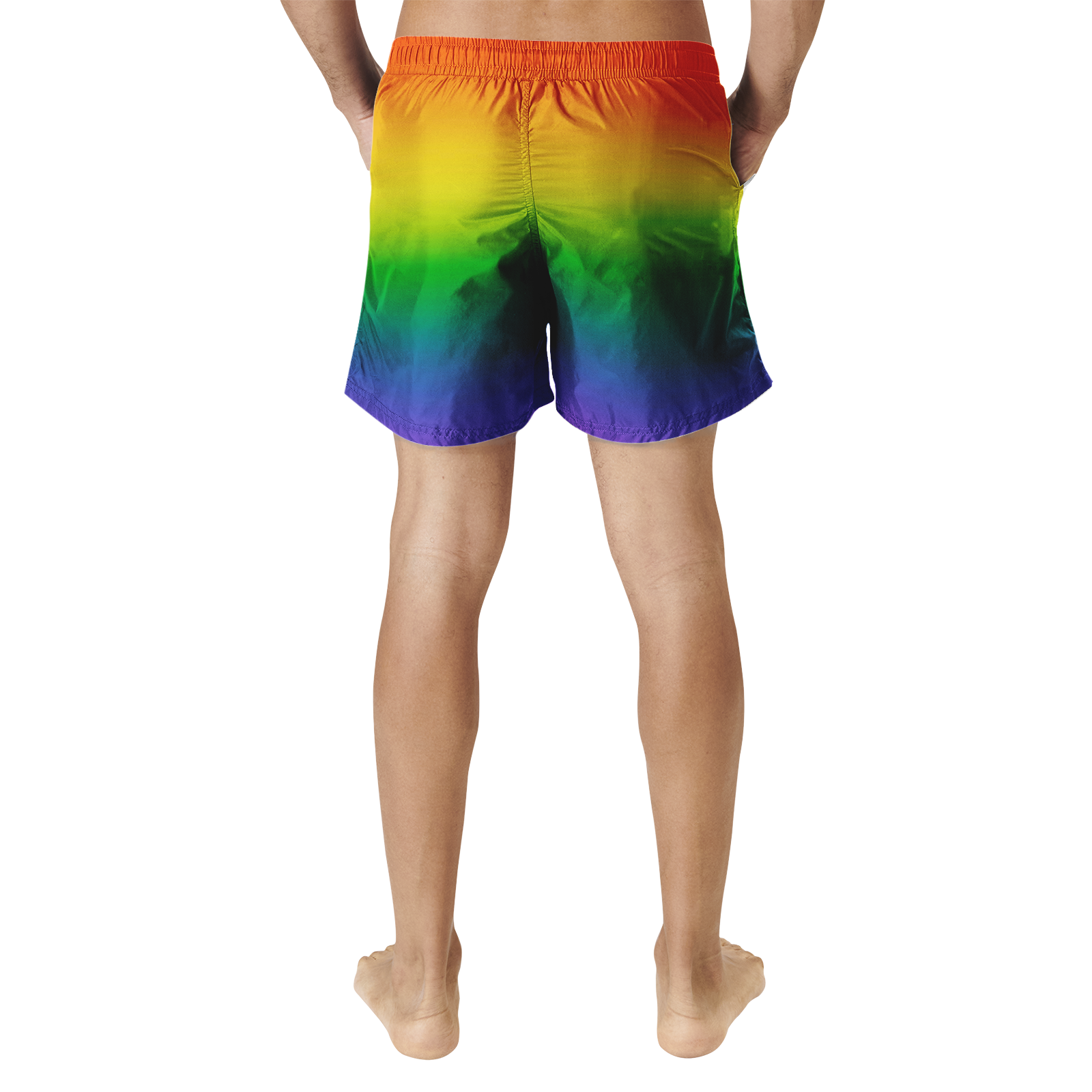 Rainbow pride men's swim shorts, side view — Rose Gold Co