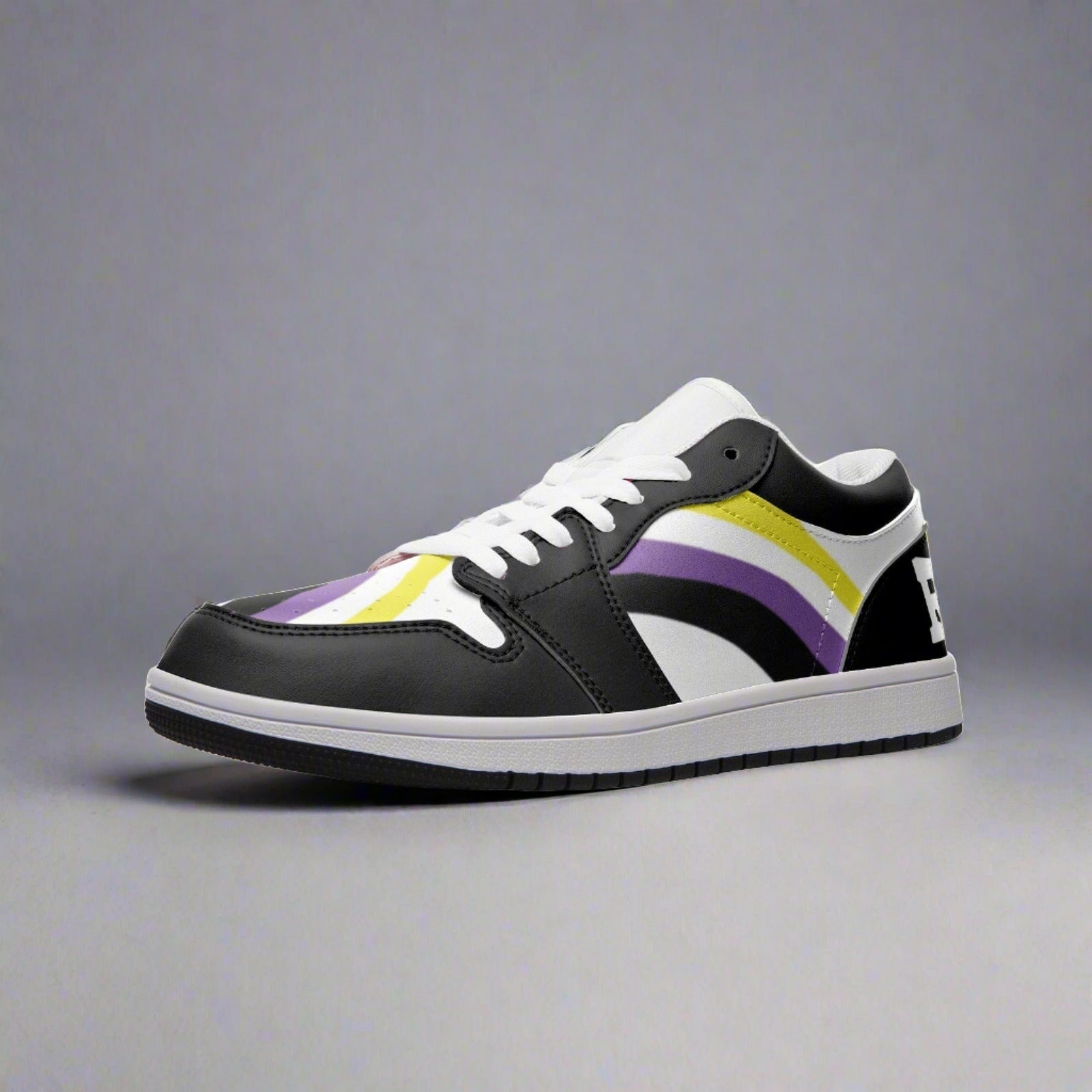 Non-binary pride black low-top sneakers, back view — Rose Gold Co