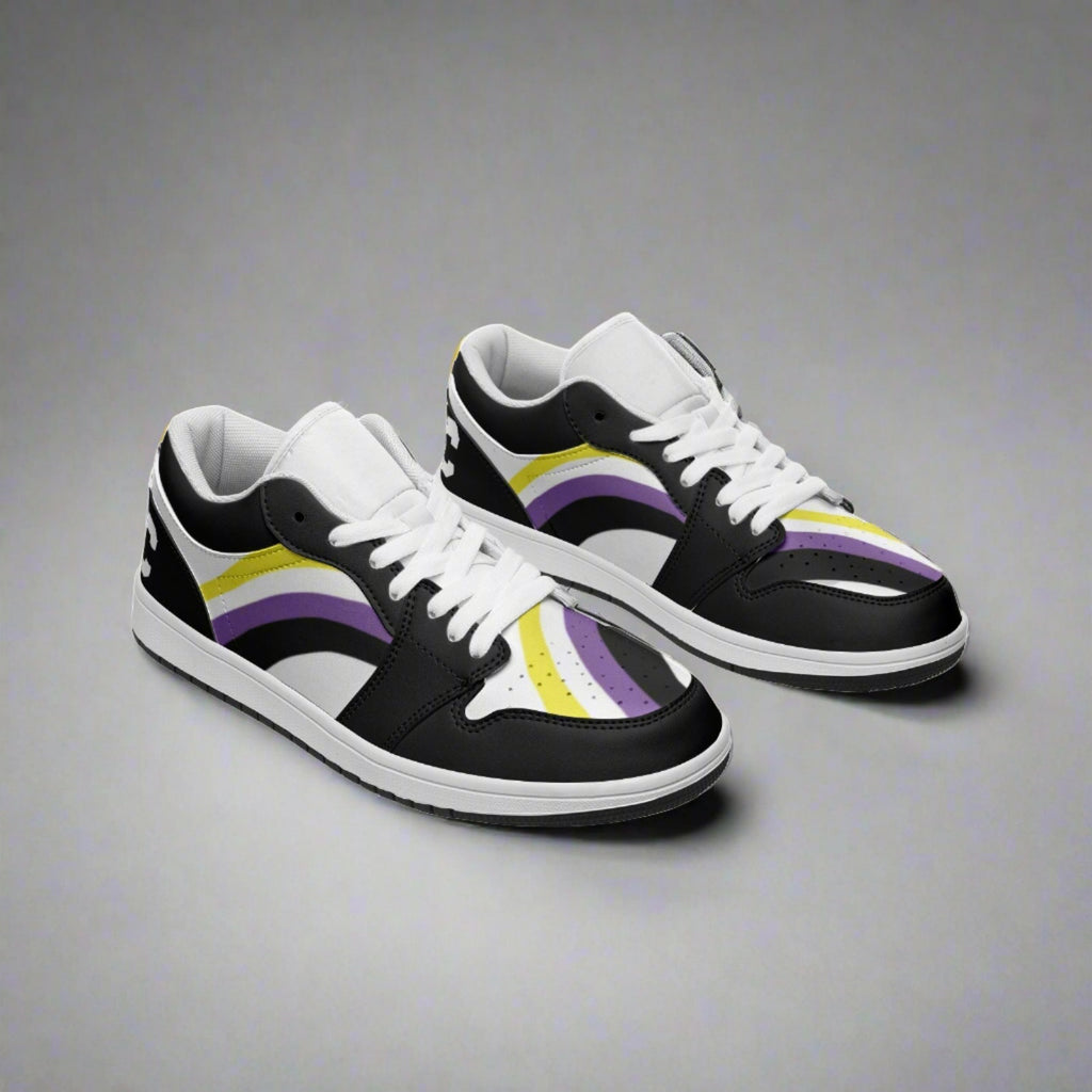 Non-binary pride black low-top sneakers, side view — Rose Gold Co