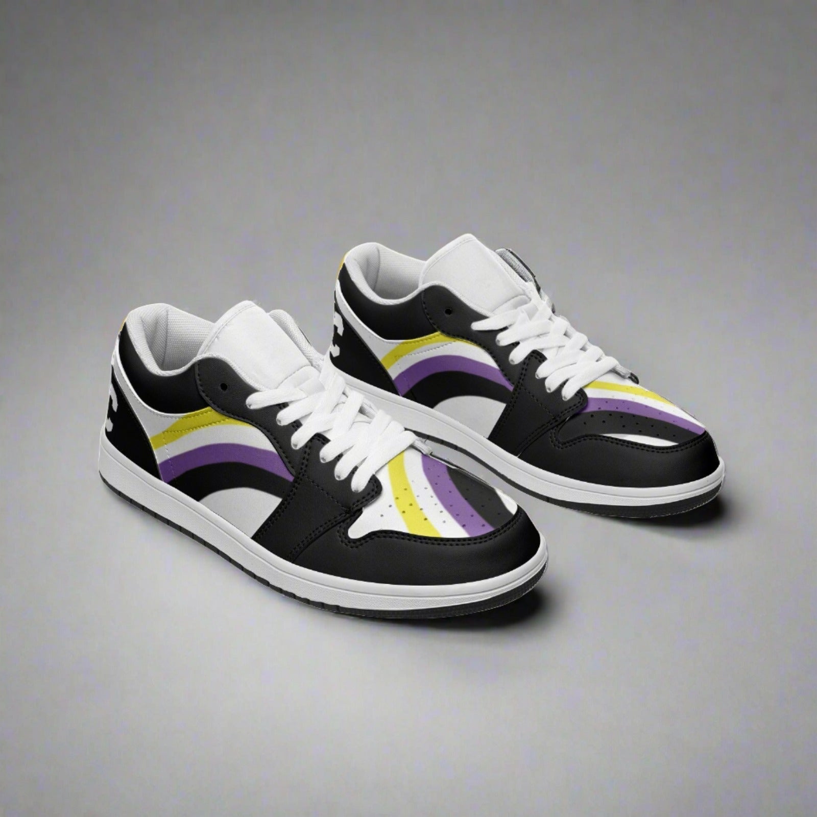 Non-binary pride black low-top sneakers, side view — Rose Gold Co