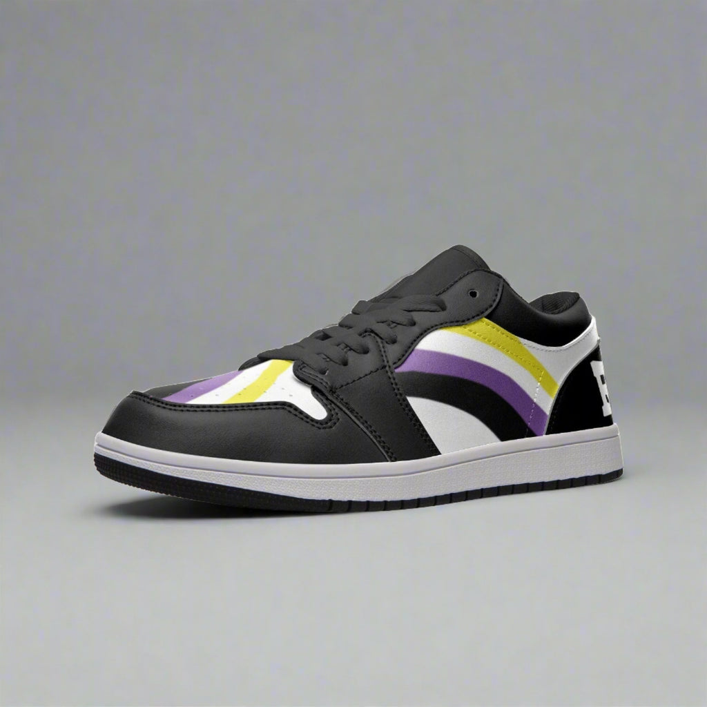 Non-binary pride black low-top sneakers, detail view — Rose Gold Co