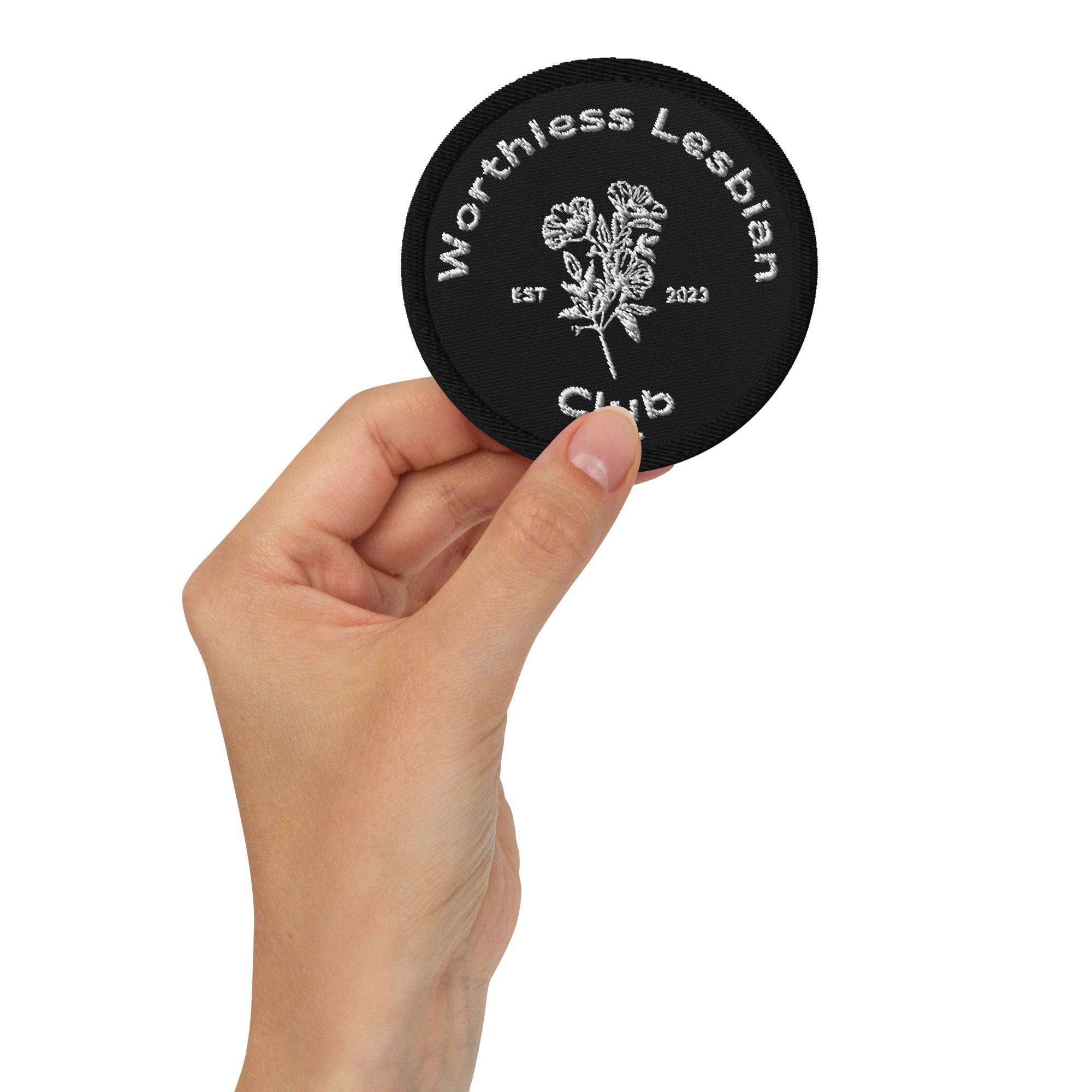 Worthless Lesbian Club embroidered patch, view 3 — Rose Gold Co