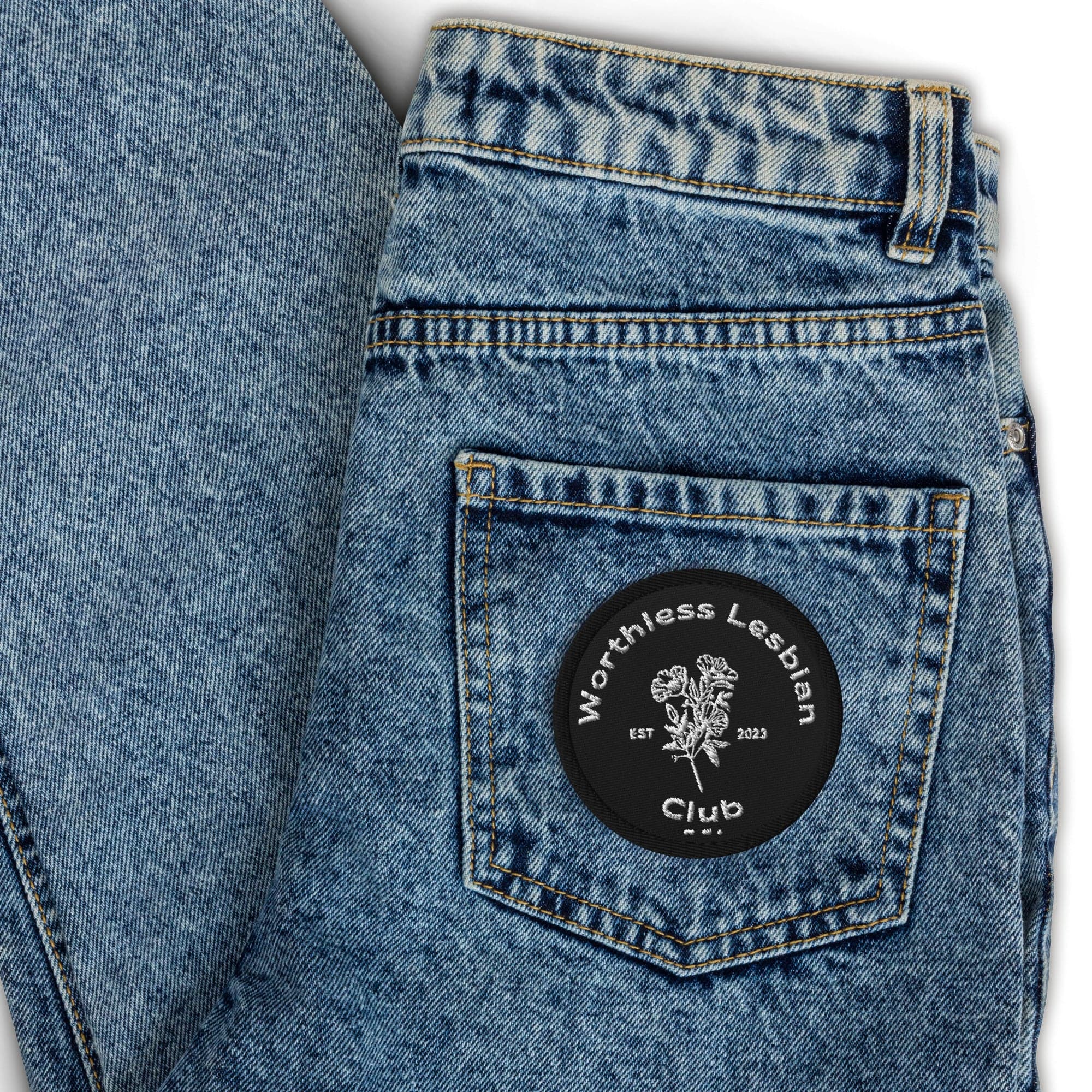 Worthless Lesbian Club embroidered patch, view 2 — Rose Gold Co