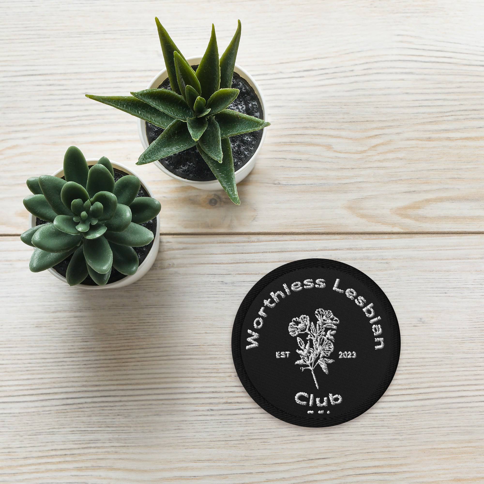 Worthless Lesbian Club embroidered patch, view 4 — Rose Gold Co