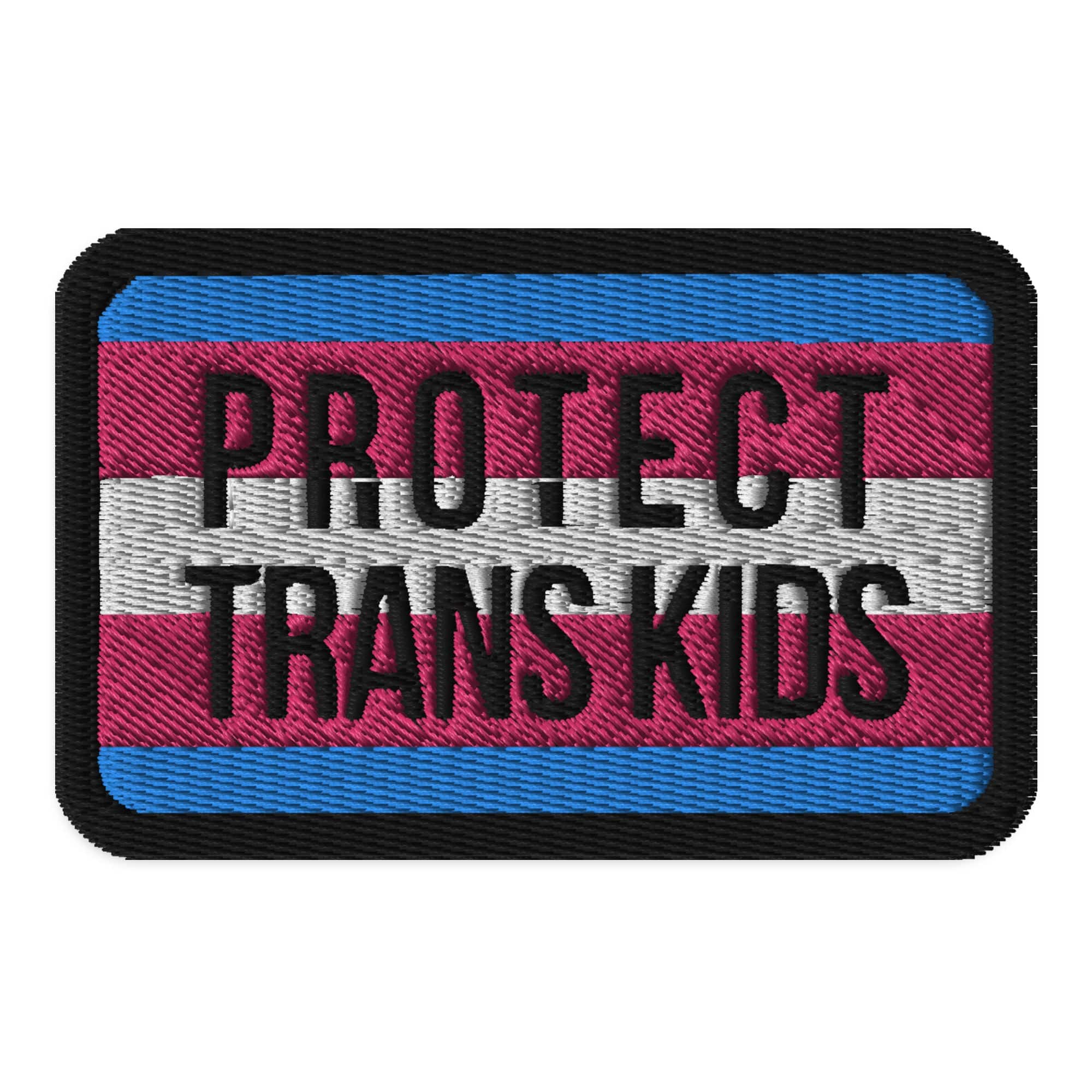 Protect Trans Kids embroidered patch, front view — Rose Gold Co