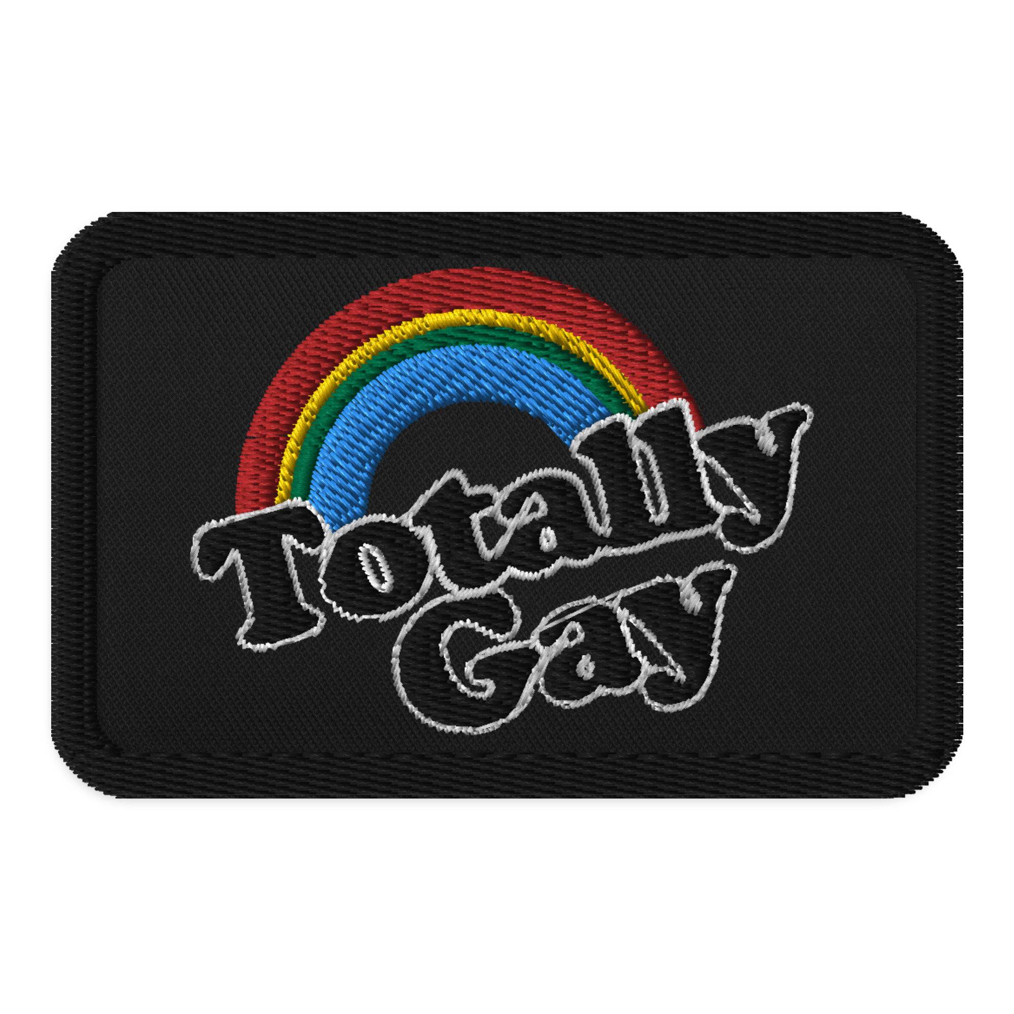 Totally Gay embroidered patch, front view — Rose Gold Co
