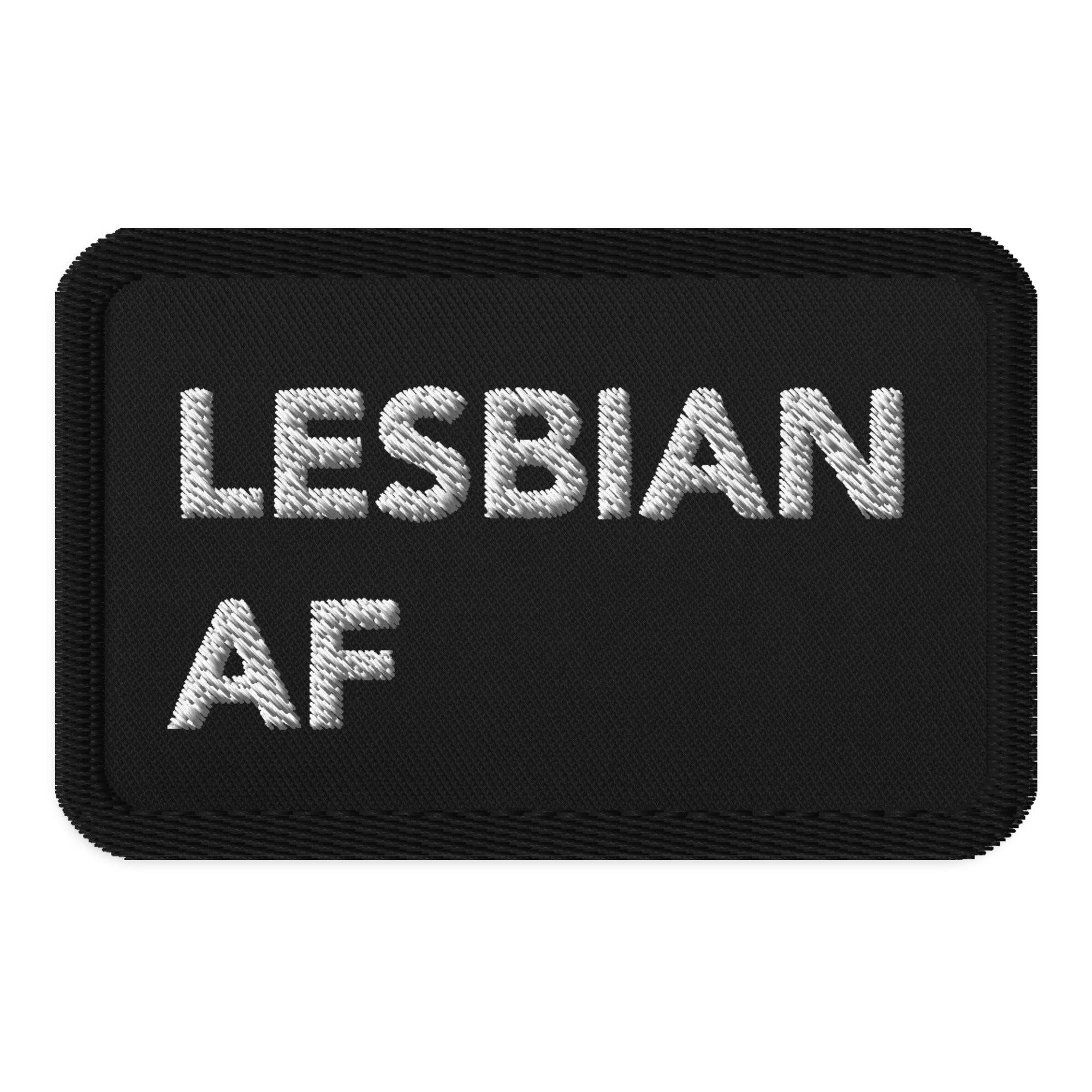 Lesbian AF embroidered patch, front view — Rose Gold Co