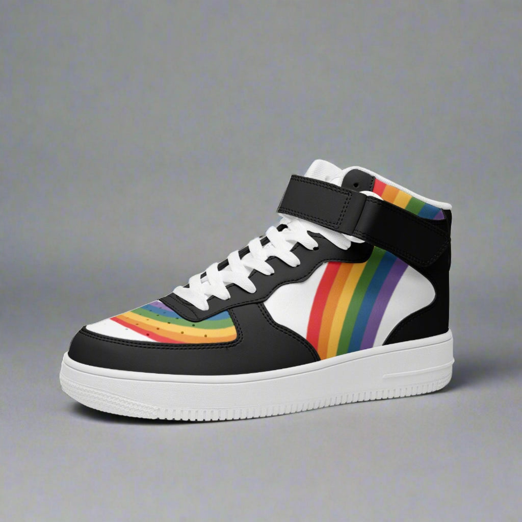 Rainbow pride high-top sneakers, side view — Rose Gold Co