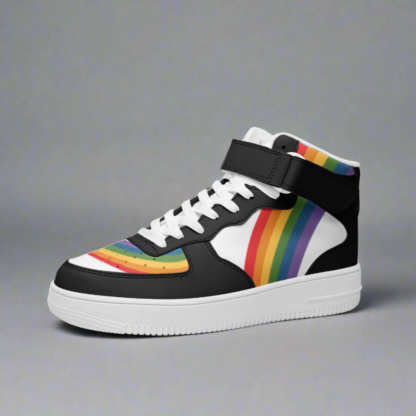 Rainbow pride high-top sneakers, side view — Rose Gold Co
