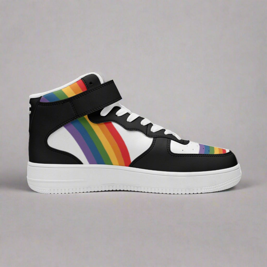 Rainbow pride high-top sneakers, flat lay — Rose Gold Co