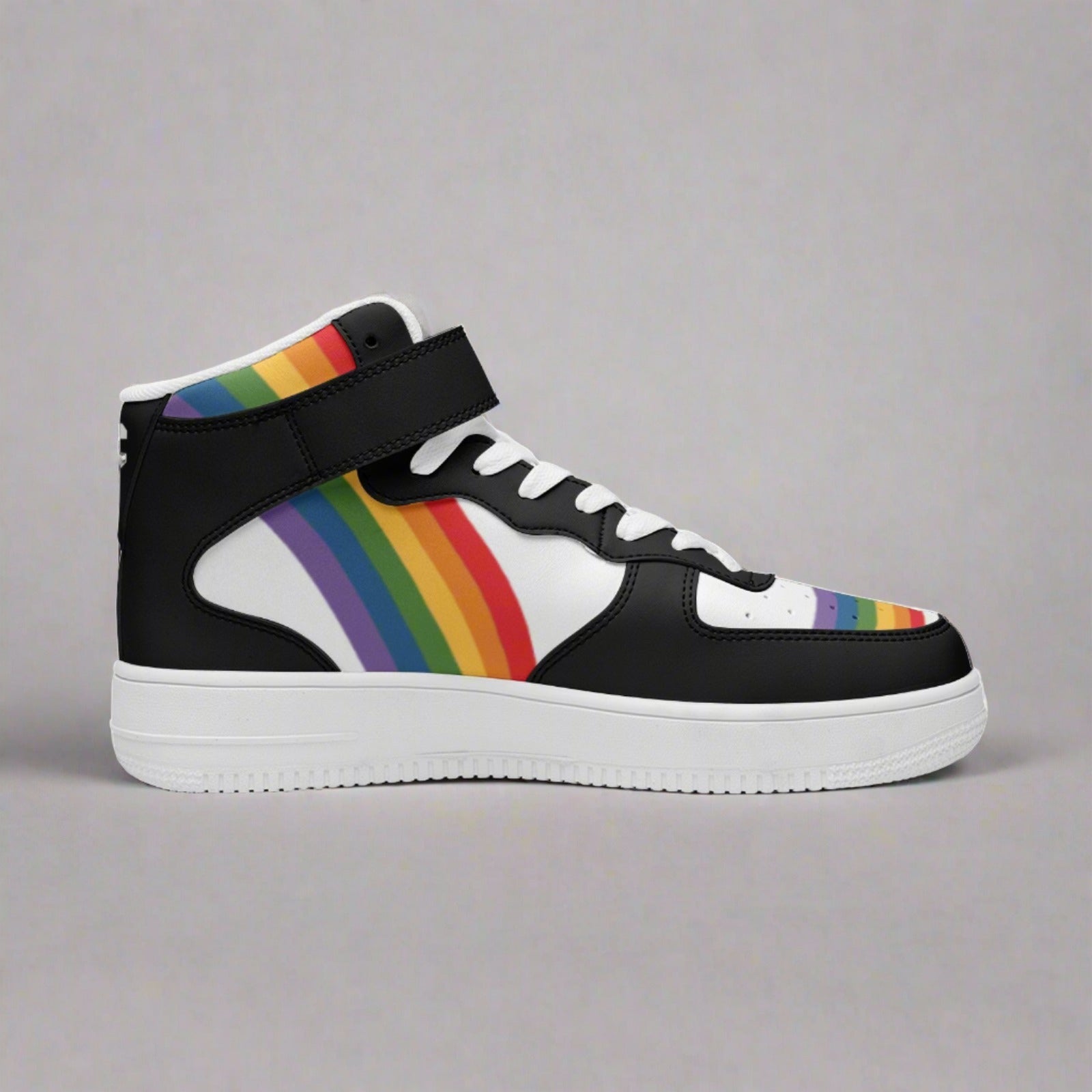 Rainbow pride high-top sneakers, flat lay — Rose Gold Co