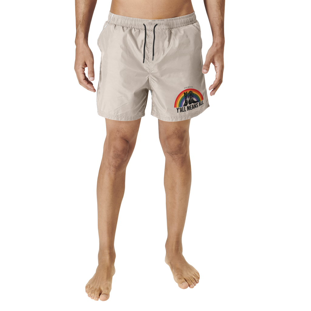 Y'all Means All men's swim shorts, front view — Rose Gold Co