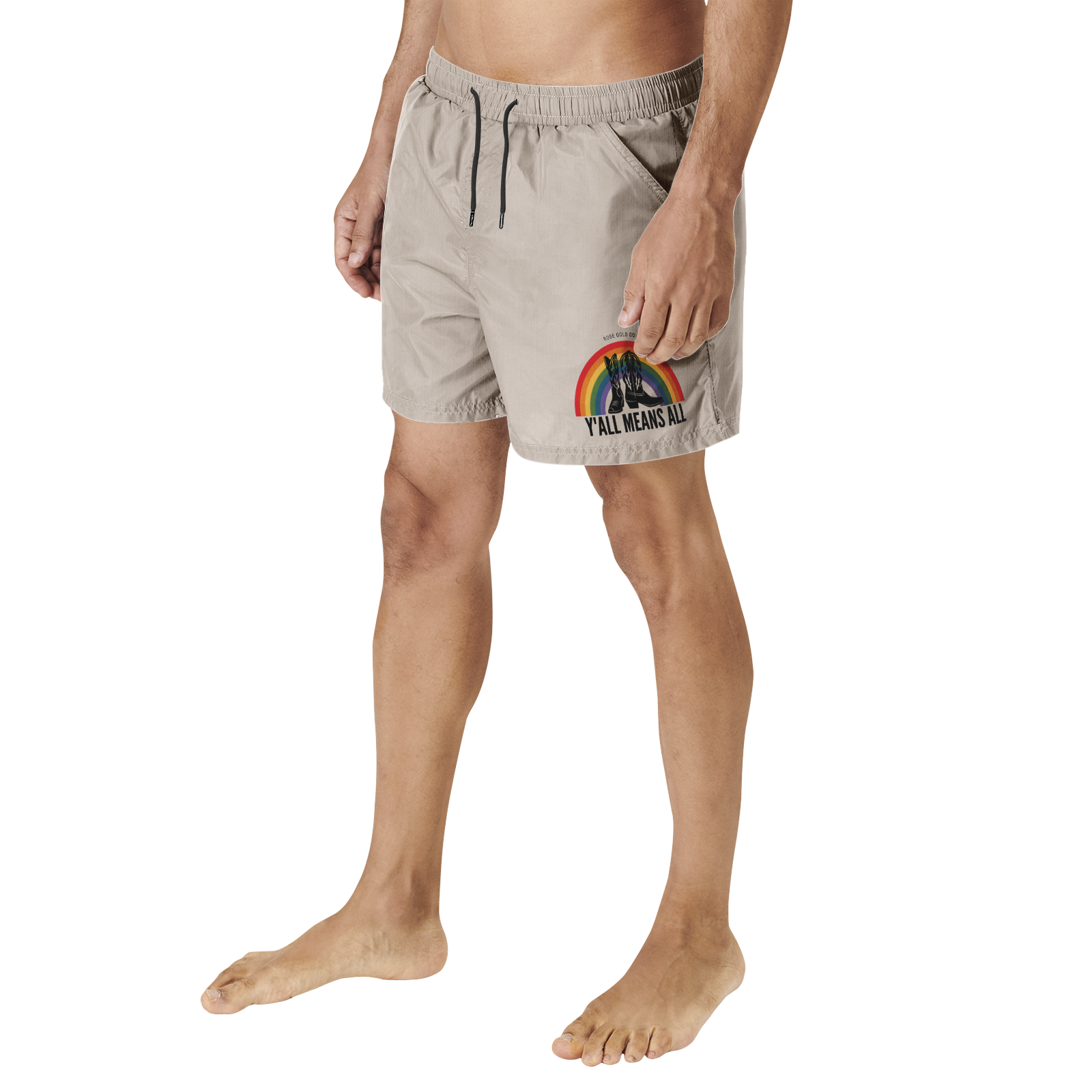 Y'all Means All men's swim shorts, back view — Rose Gold Co