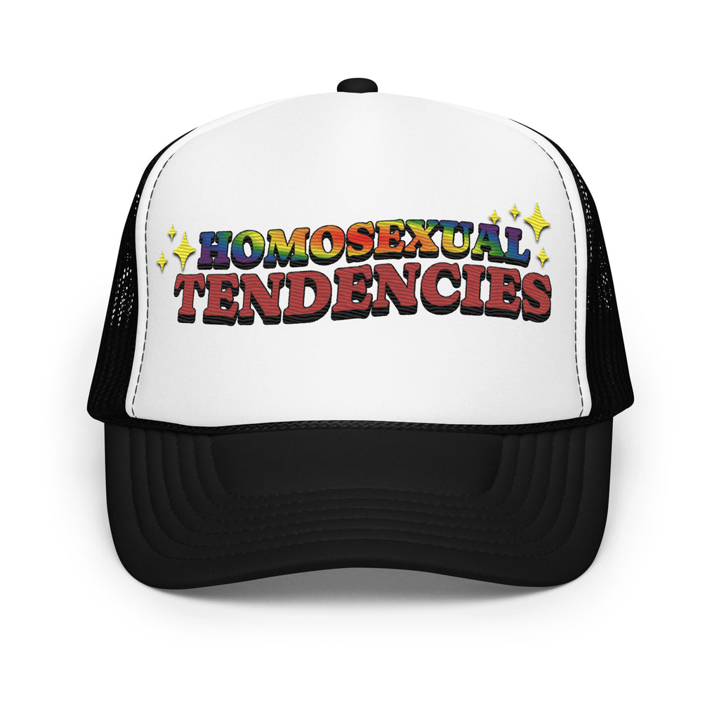 Homosexual Tendencies embroidered trucker hat, front view — Rose Gold Co