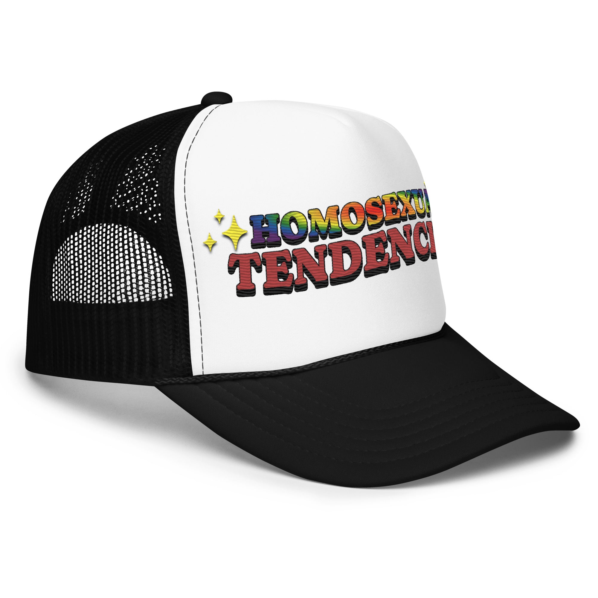 Homosexual Tendencies embroidered trucker hat, side view — Rose Gold Co