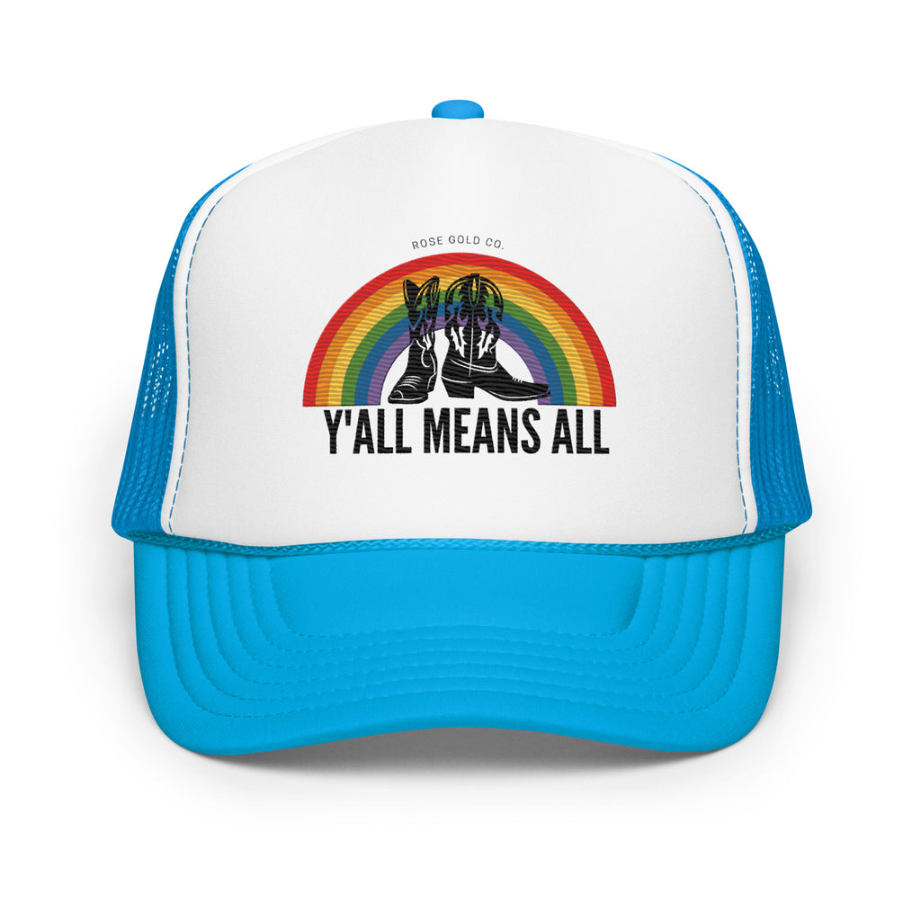 Y'all Means All embroidered trucker hat, side view — Rose Gold Co