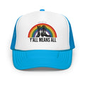 Y'all Means All embroidered trucker hat, side view — Rose Gold Co
