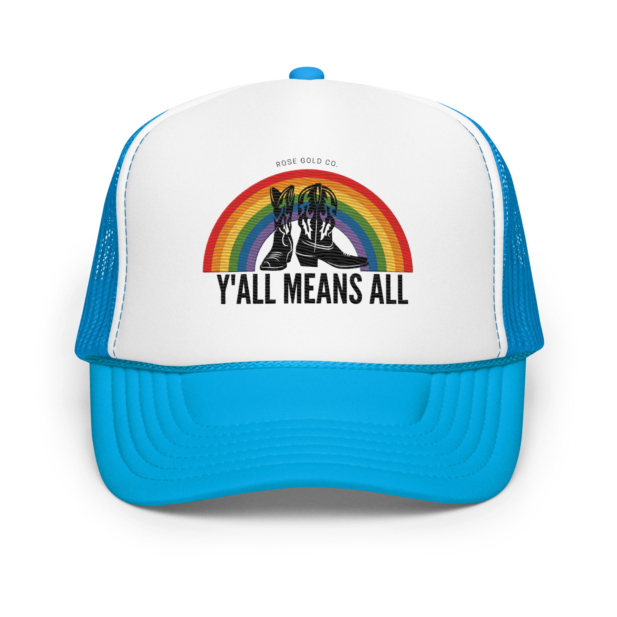 Y'all Means All embroidered trucker hat, side view — Rose Gold Co
