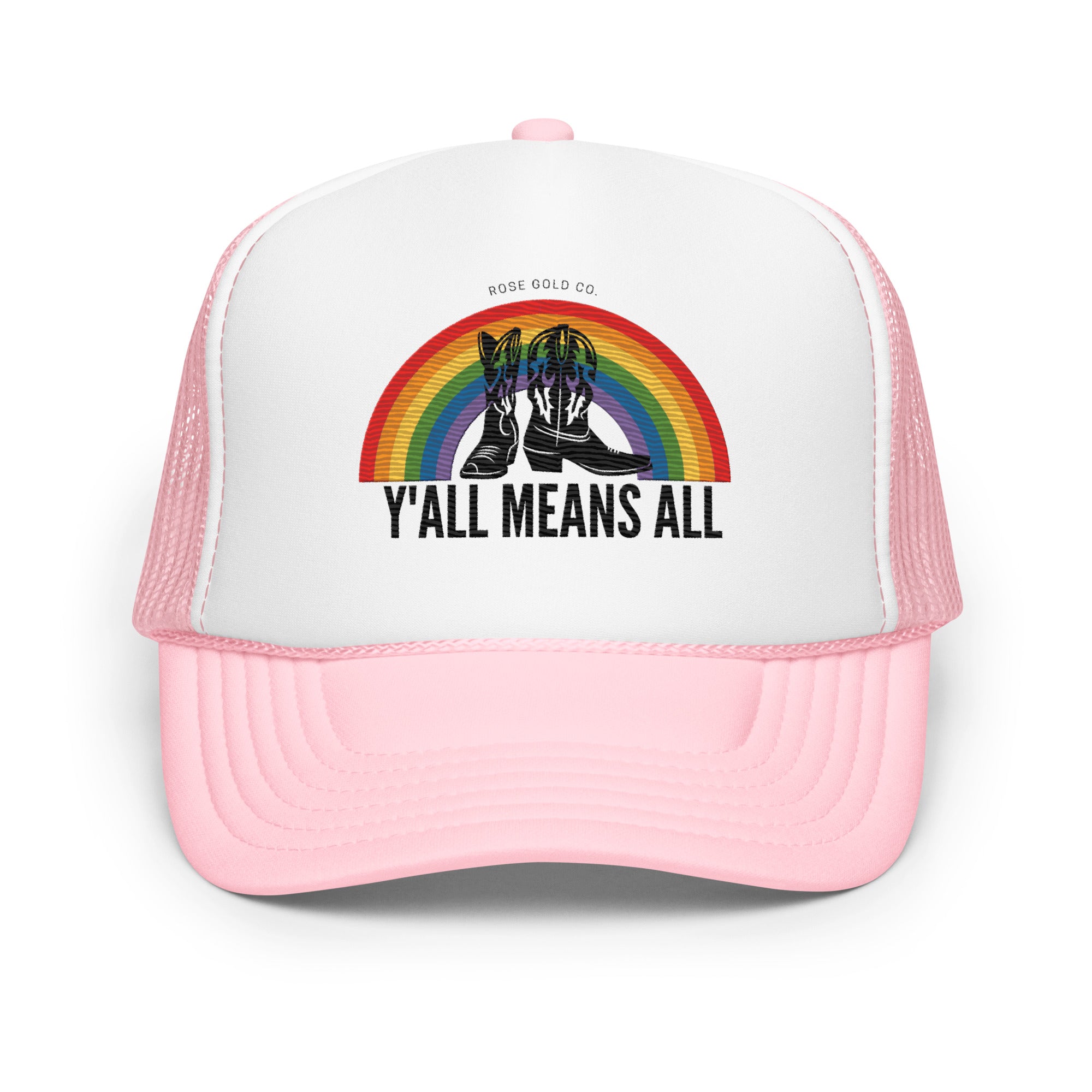 Y'all Means All embroidered trucker hat, flat lay — Rose Gold Co