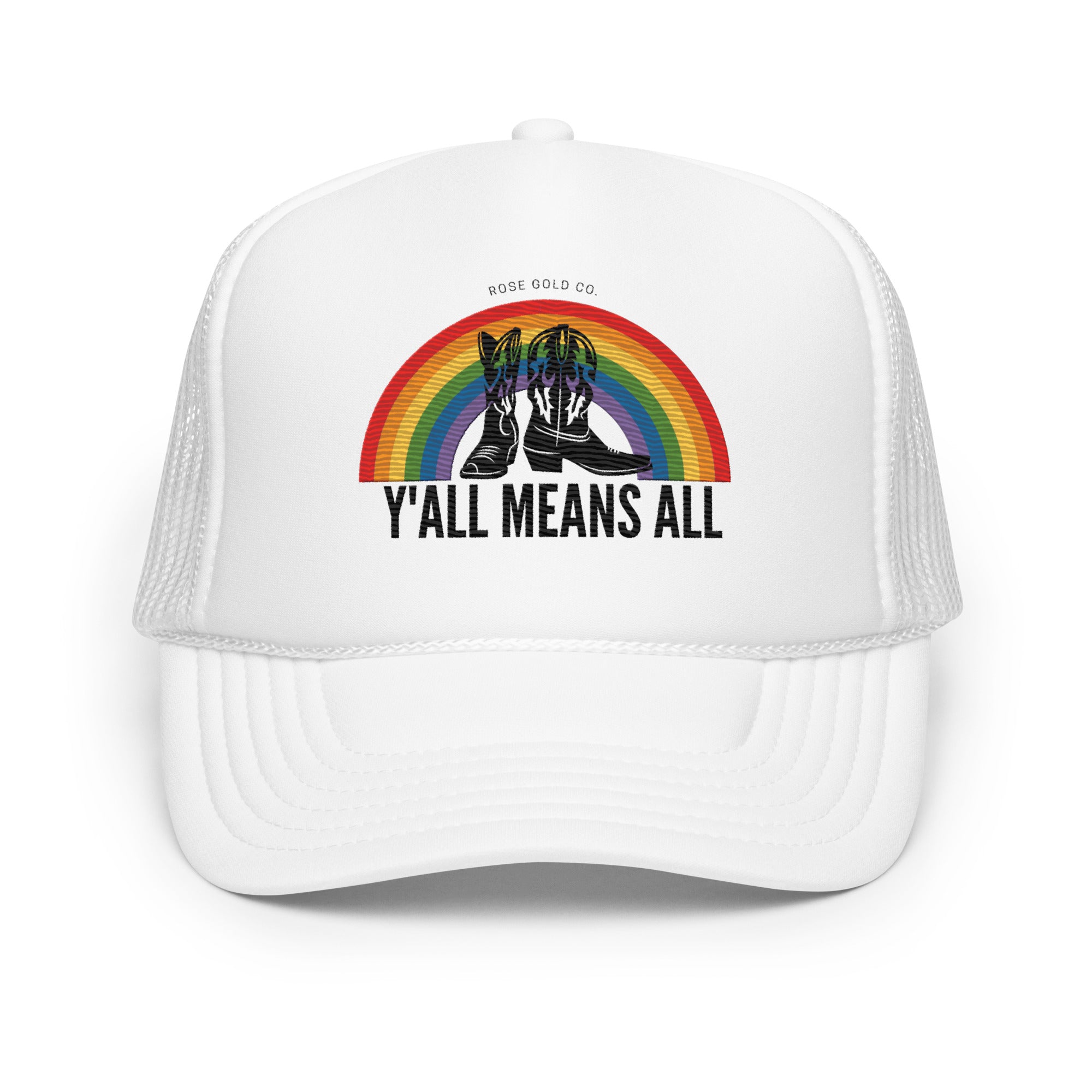 Y'all Means All embroidered trucker hat, back view — Rose Gold Co