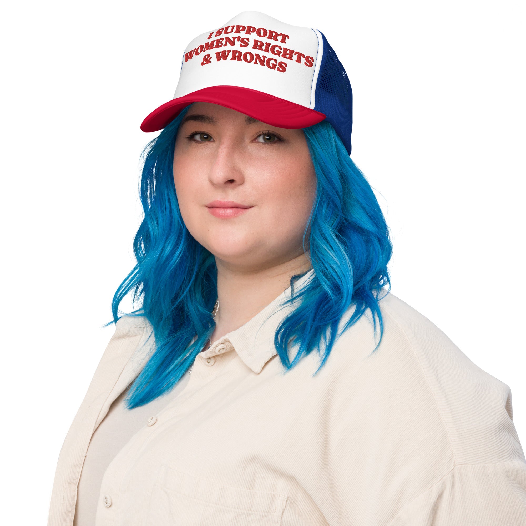 I Support Women's Rights and Wrongs foam trucker hat, detail view — Rose Gold Co