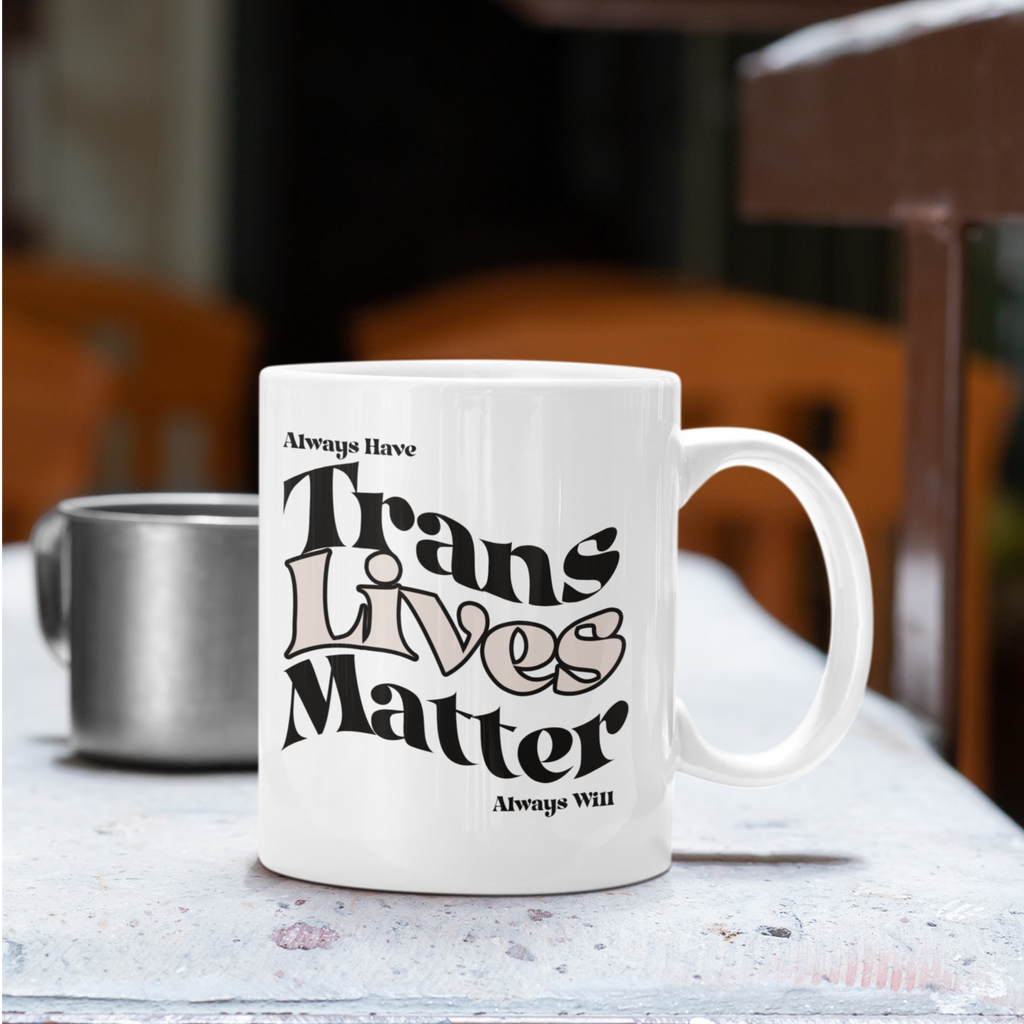 Trans Lives Matter white glossy mug, view 3 — Rose Gold Co