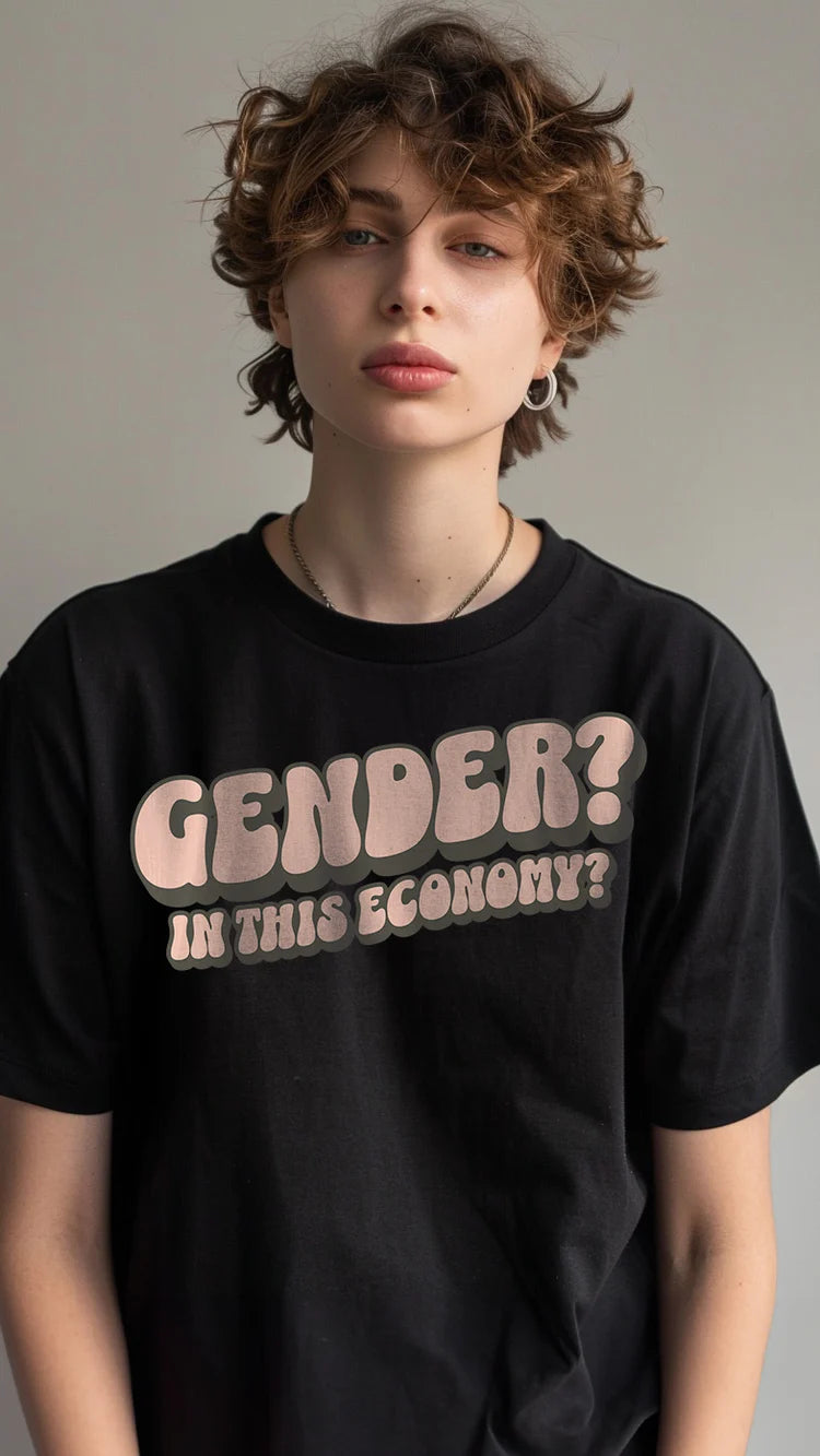 "Gender? In This Economy?" nonbinary humor tee — Rose Gold Co