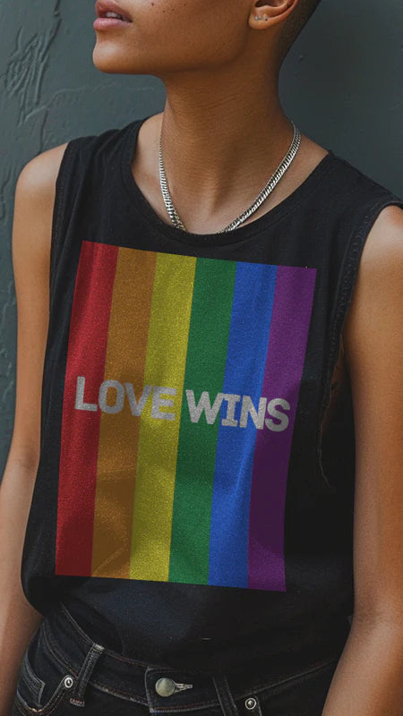 Love Wins unisex tank top in black, view 2 — Rose Gold Co