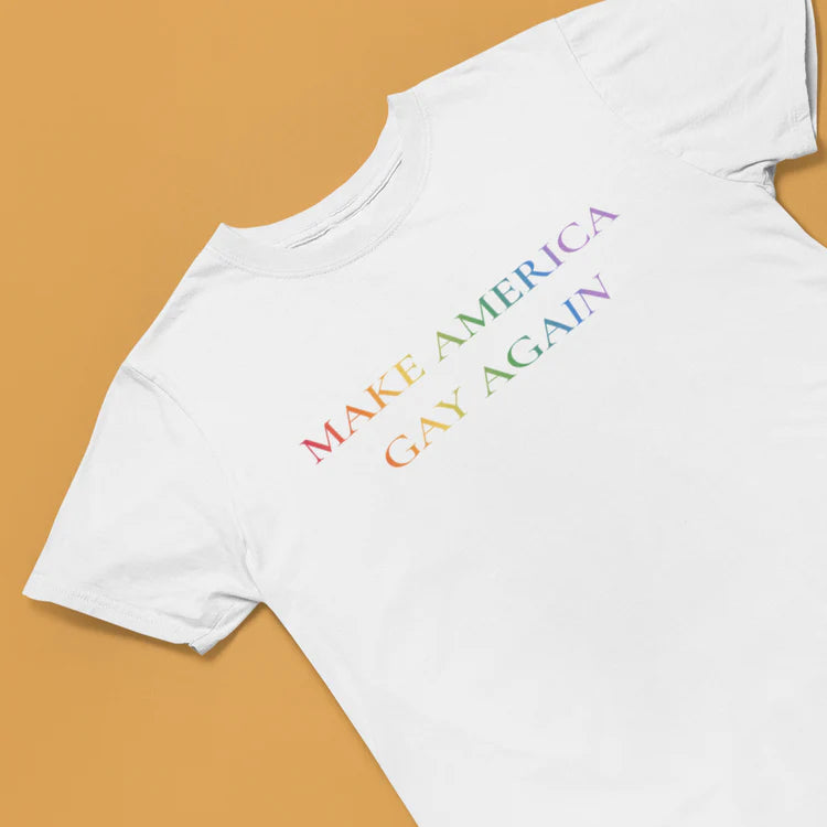 "Make America Gay Again" rainbow slogan tee, view 2 — Rose Gold Co
